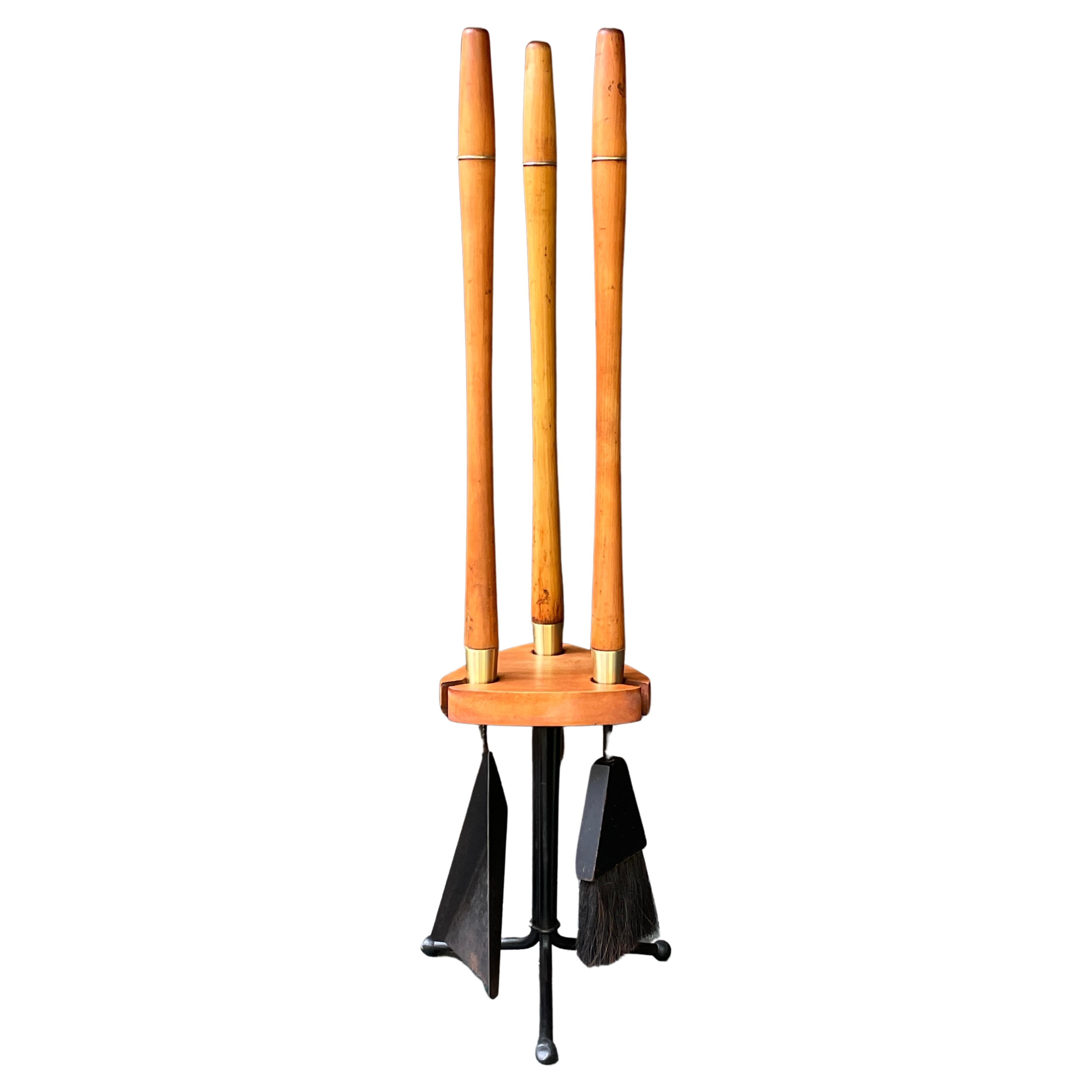 1960s Arthur Umanoff Fireplace Tool Set Maple Black Iron 1960s American Modern