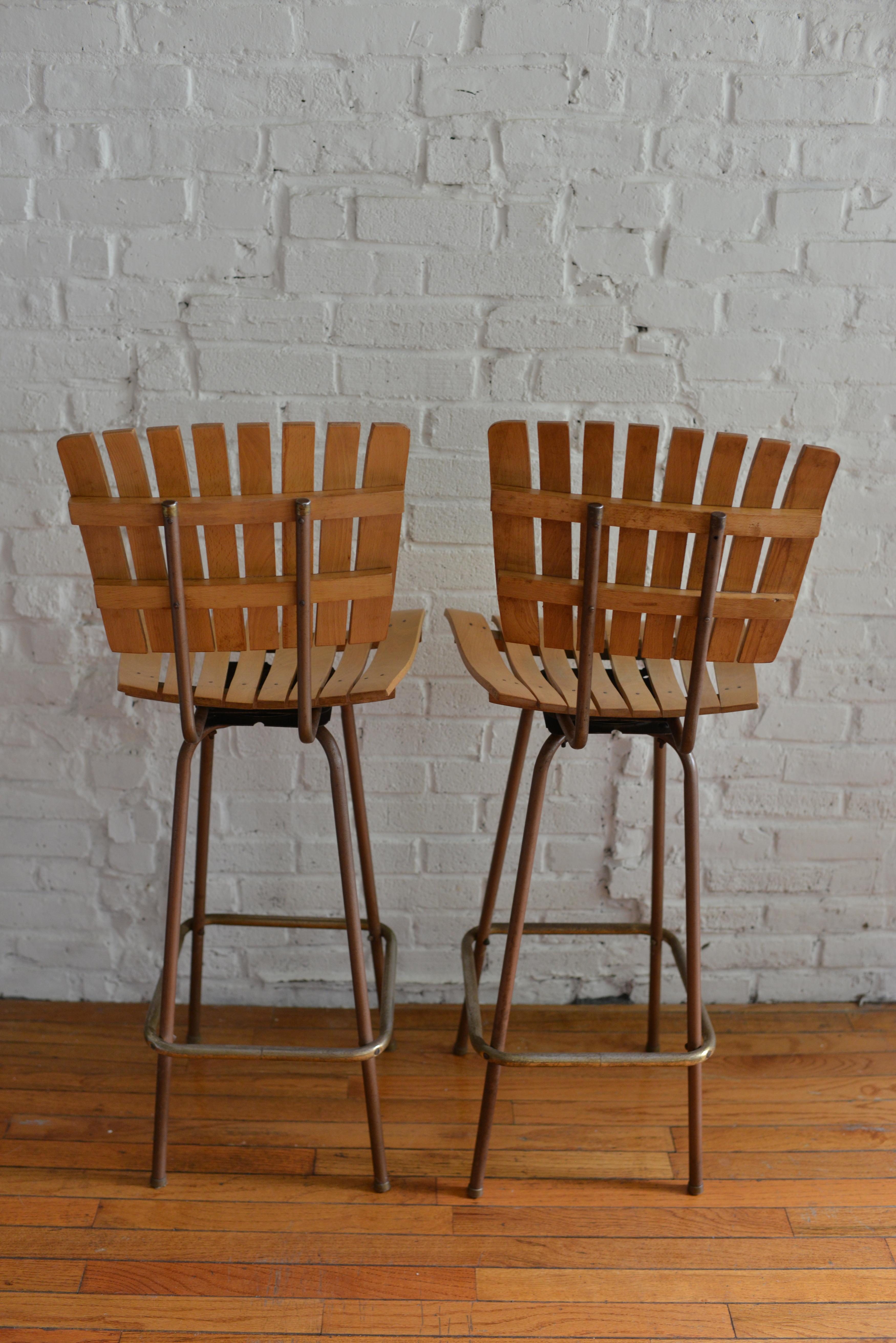 Macedonian 1960s Arthur Umanoff Style Slat Barstools