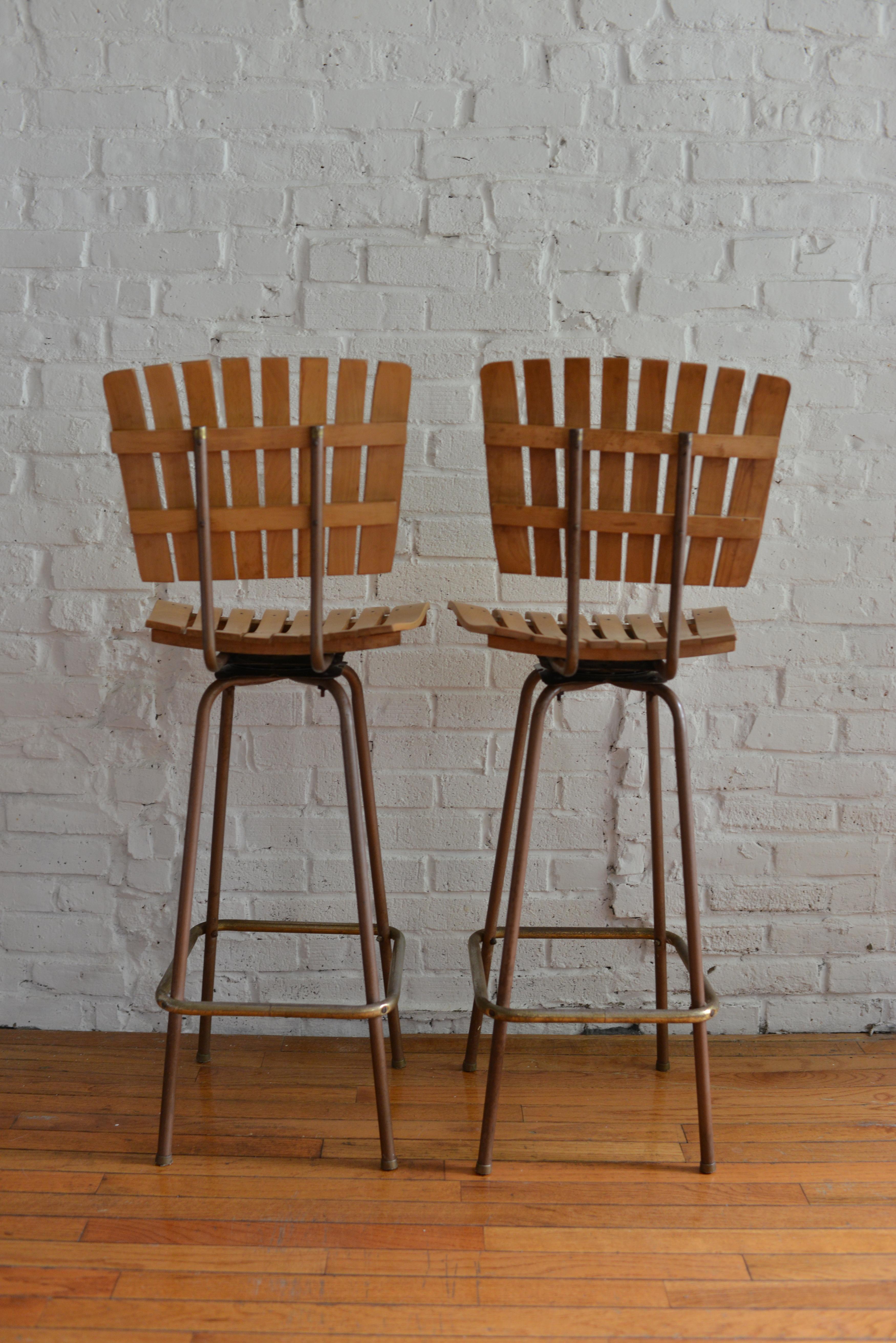 1960s Arthur Umanoff Style Slat Barstools In Good Condition In Brooklyn, NY