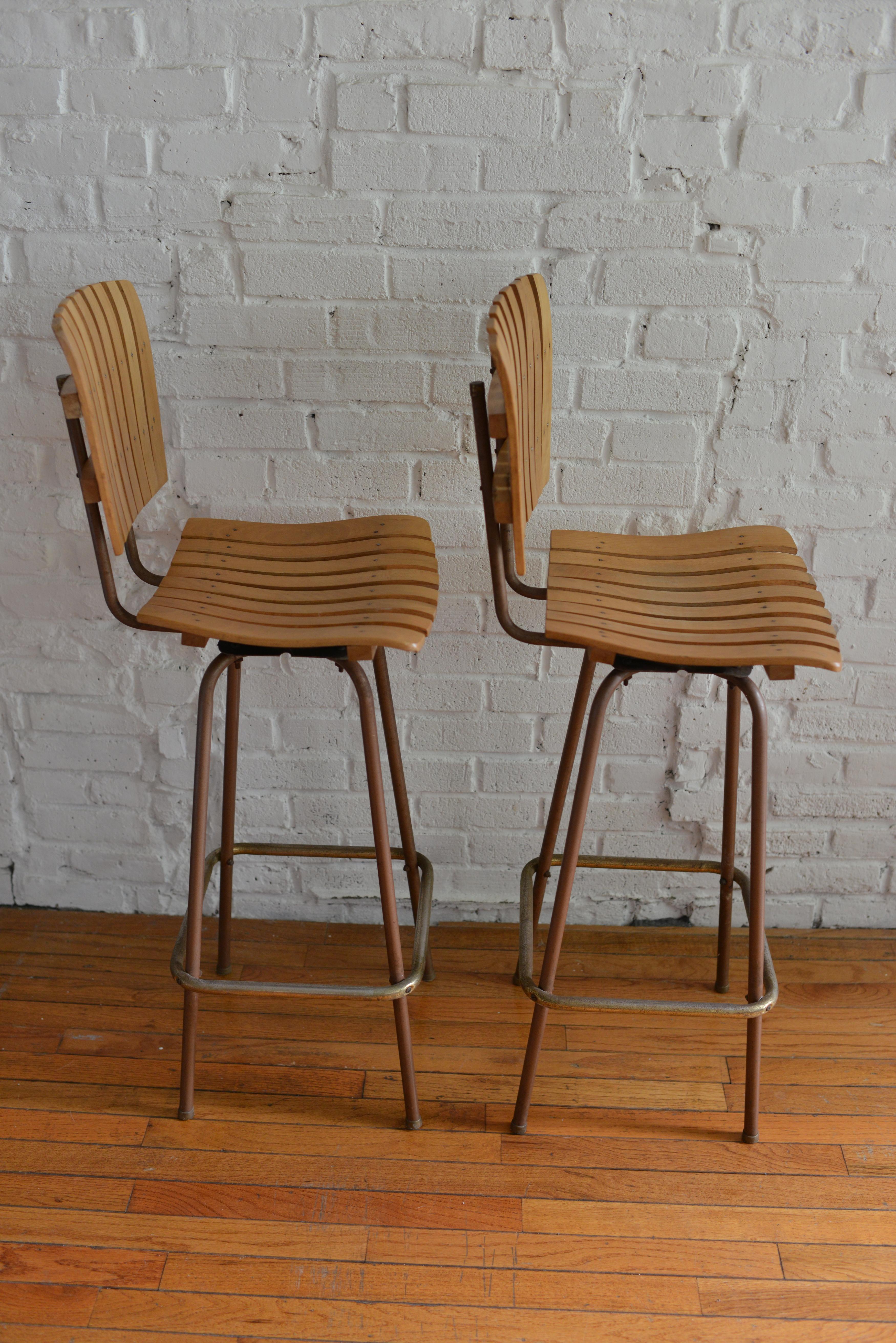 Mid-20th Century 1960s Arthur Umanoff Style Slat Barstools