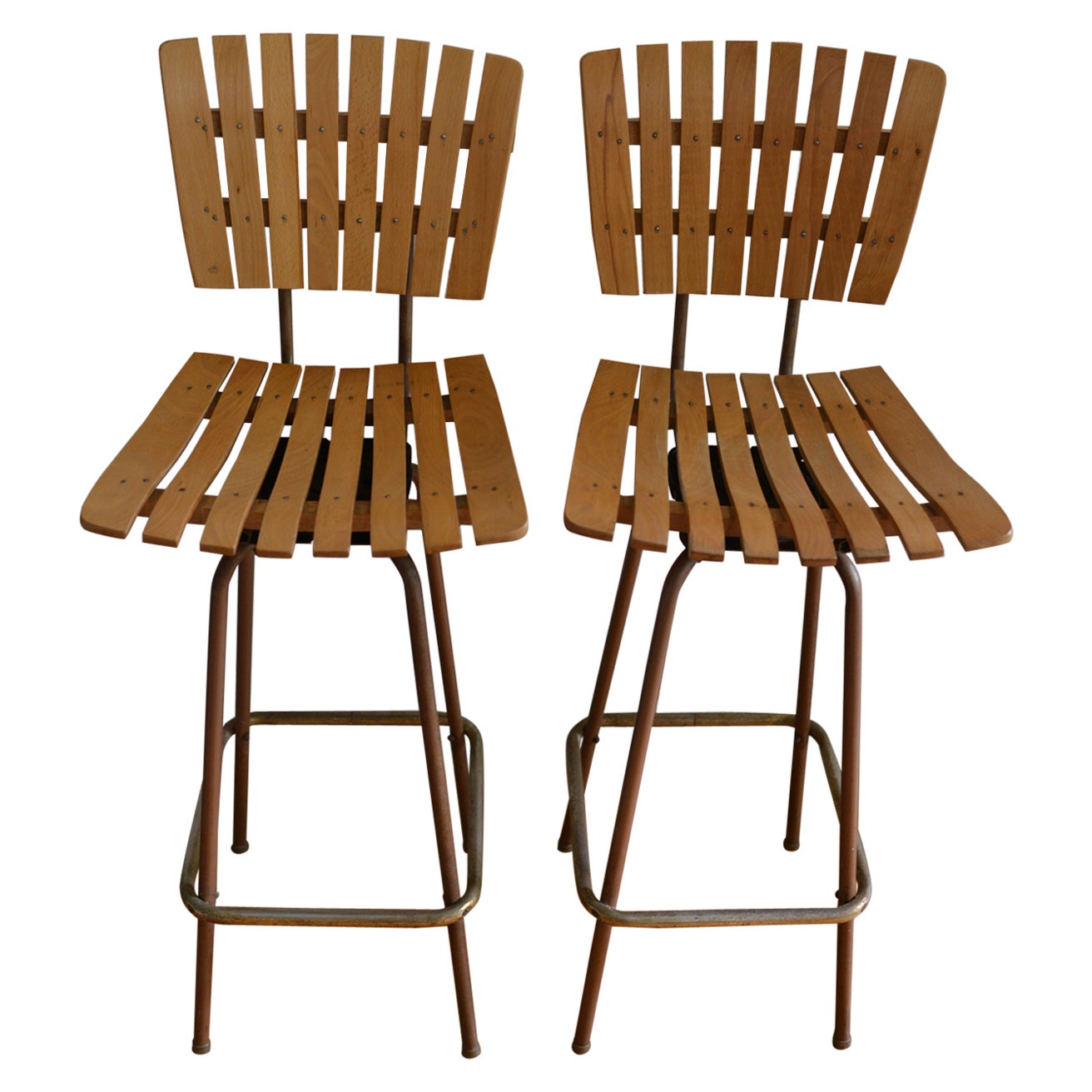 1960s Arthur Umanoff Style Slat Barstools