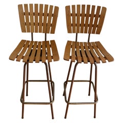 1960s Arthur Umanoff Style Slat Barstools