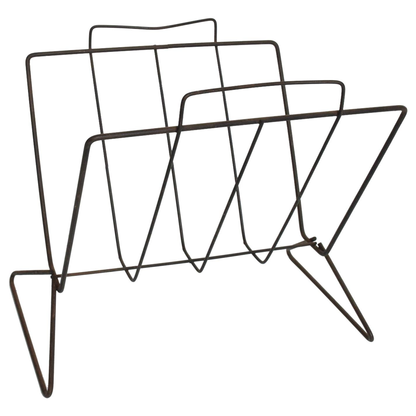 1960s Arthur Umanoff Style Snazzy Sculptural Iron Black Metal Magazine Rack