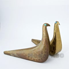 1960s Artisan Brass Metal Art Turquoise Gemstone Partridge Dove Bird Sculptures