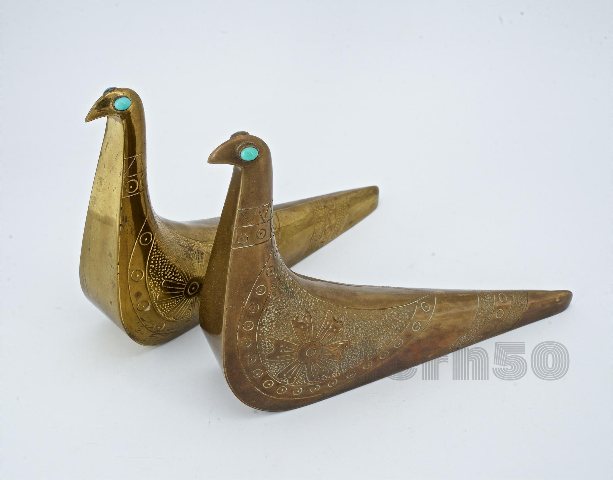 1960er Jahre Artisan Brass Metal Art Türkis Edelstein Rebhuhn Taube Vogel Skulpturen (Moderne der Mitte des Jahrhunderts) im Angebot