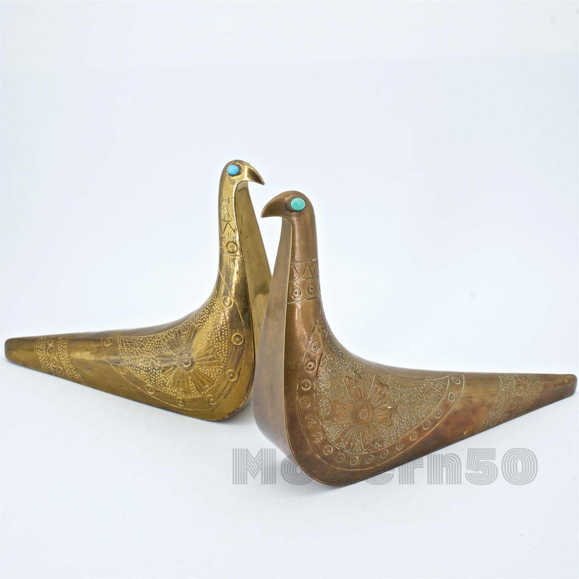 Hand-Crafted 1960s Artisan Brass Metal Art Turquoise Gemstone Partridge Dove Bird Sculptures For Sale