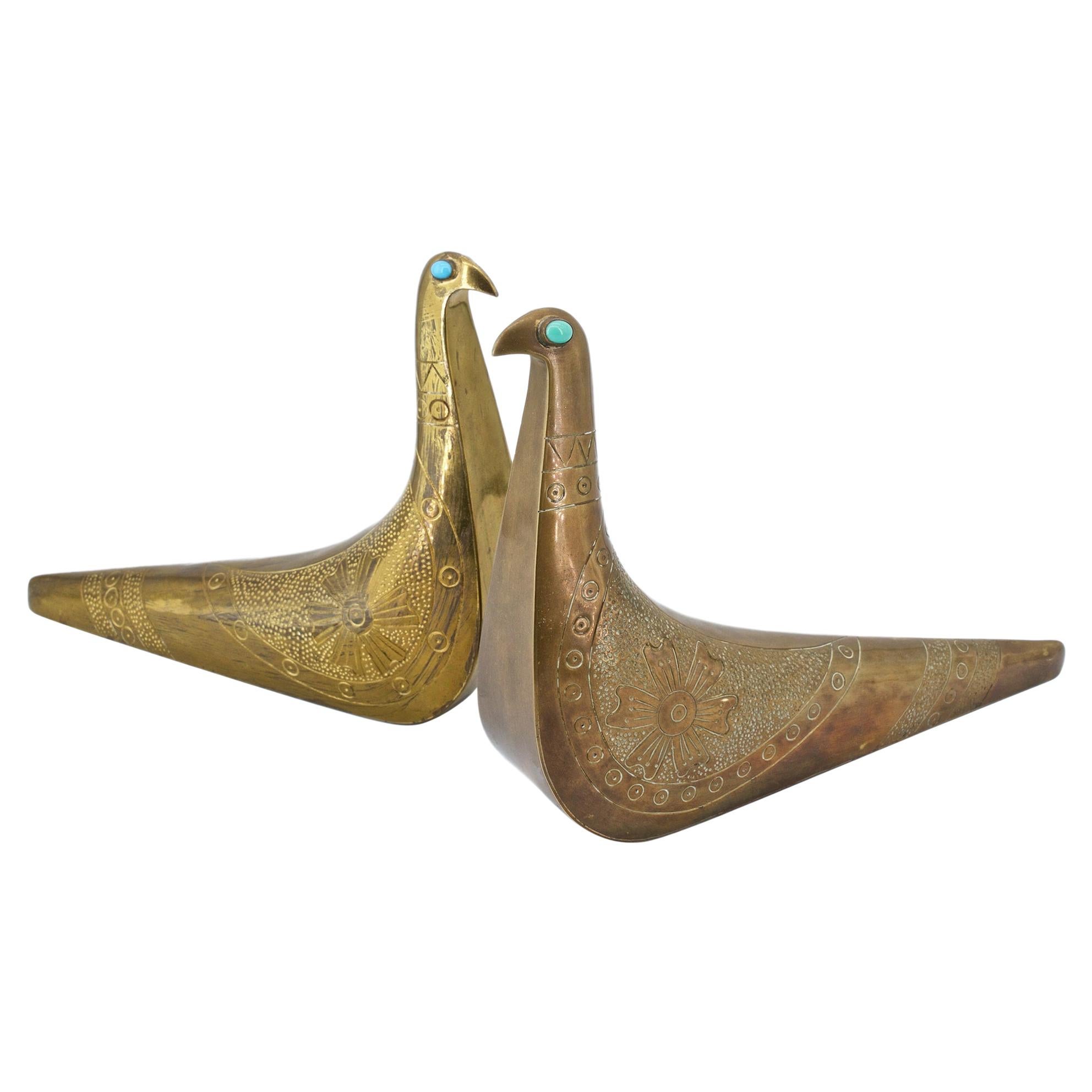 1960s Artisan Brass Metal Art Turquoise Gemstone Partridge Dove Bird Sculptures For Sale