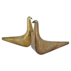 Retro 1960s Artisan Brass Metal Art Turquoise Gemstone Partridge Dove Bird Sculptures