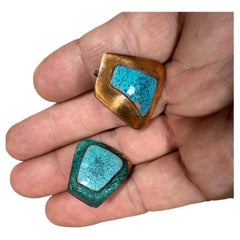 1960s Artisan Earrings Copper Blue Enamel Taxco Mexico