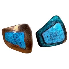 1960s Boucles d'oreilles artisanales cuivre bleu émail Taxco Mexico