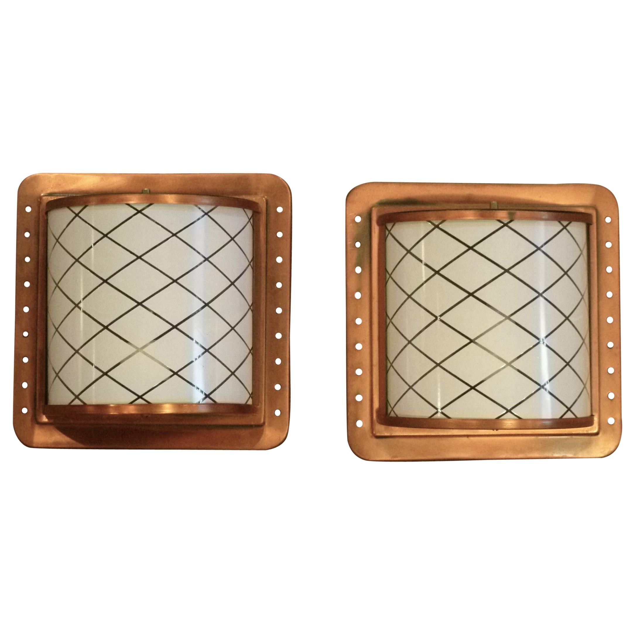 1960s Arts & Crafts Style Pair of Copper Wall Lights with Glass Diffusers
