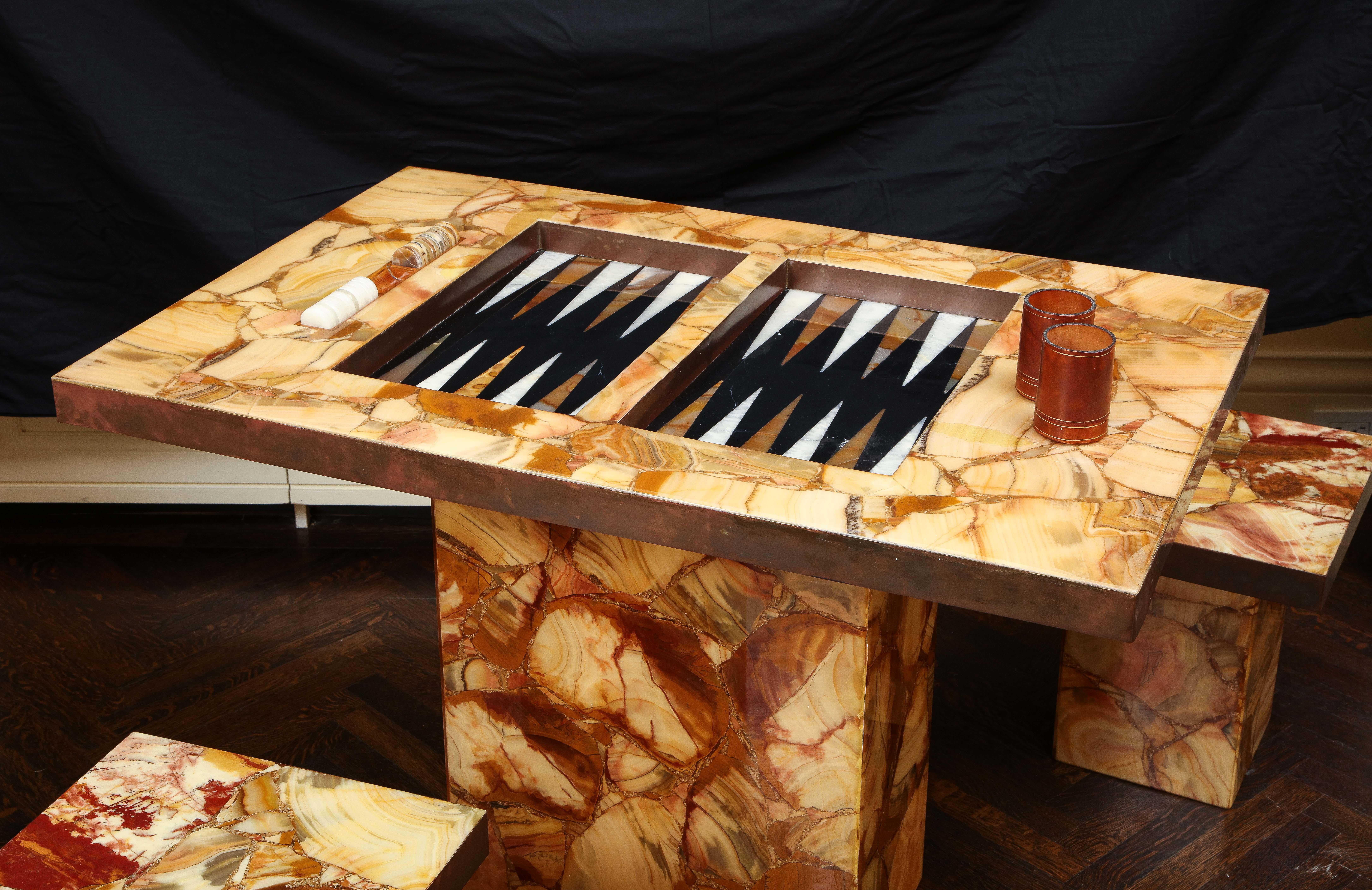 Mid-Century Modern 1960s Arturo Pani Onyx Backgammon Table with Two Stools by Muller's of Mexico