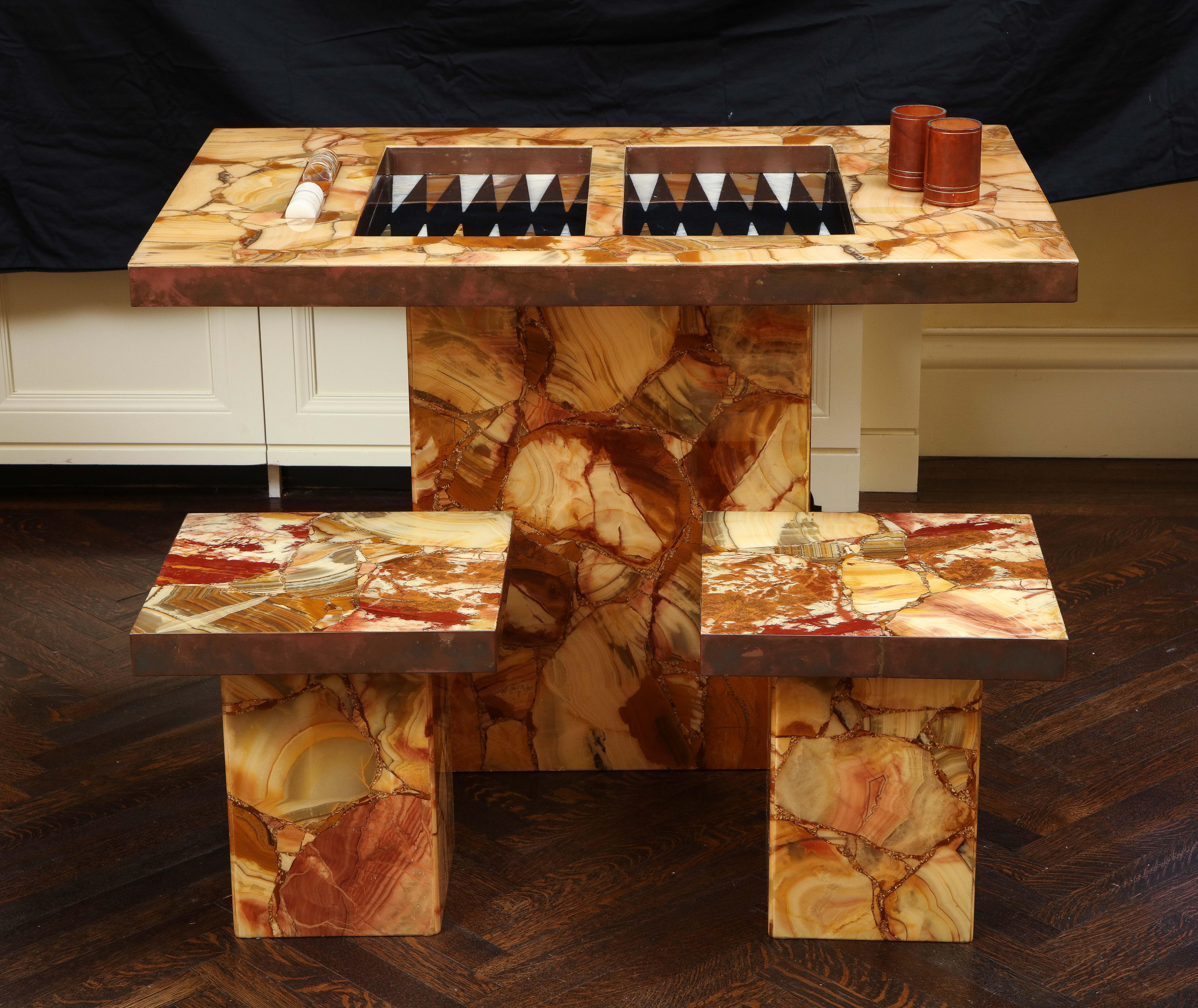 Mexican 1960s Arturo Pani Onyx Backgammon Table with Two Stools by Muller's of Mexico