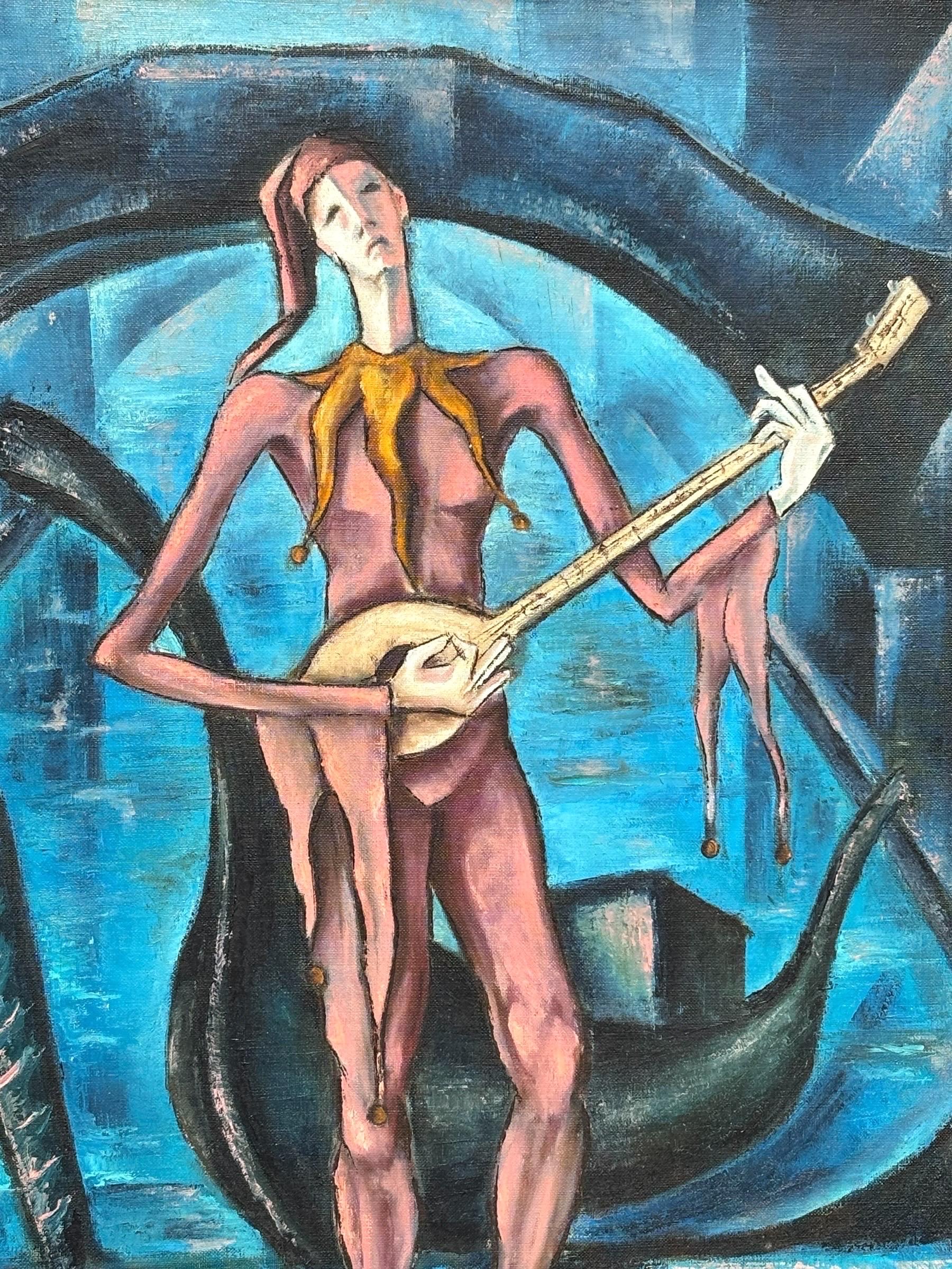 Ein dramatisches Original Öl auf Leinwand des griechisch-amerikanischen Künstlers Alain Scordilis (1930-1997). Das Gemälde zeigt einen Harlekin in einem rosafarbenen Kostüm mit einer langen Mütze und einer senfgelben Halskrause, der einen Tiorbino