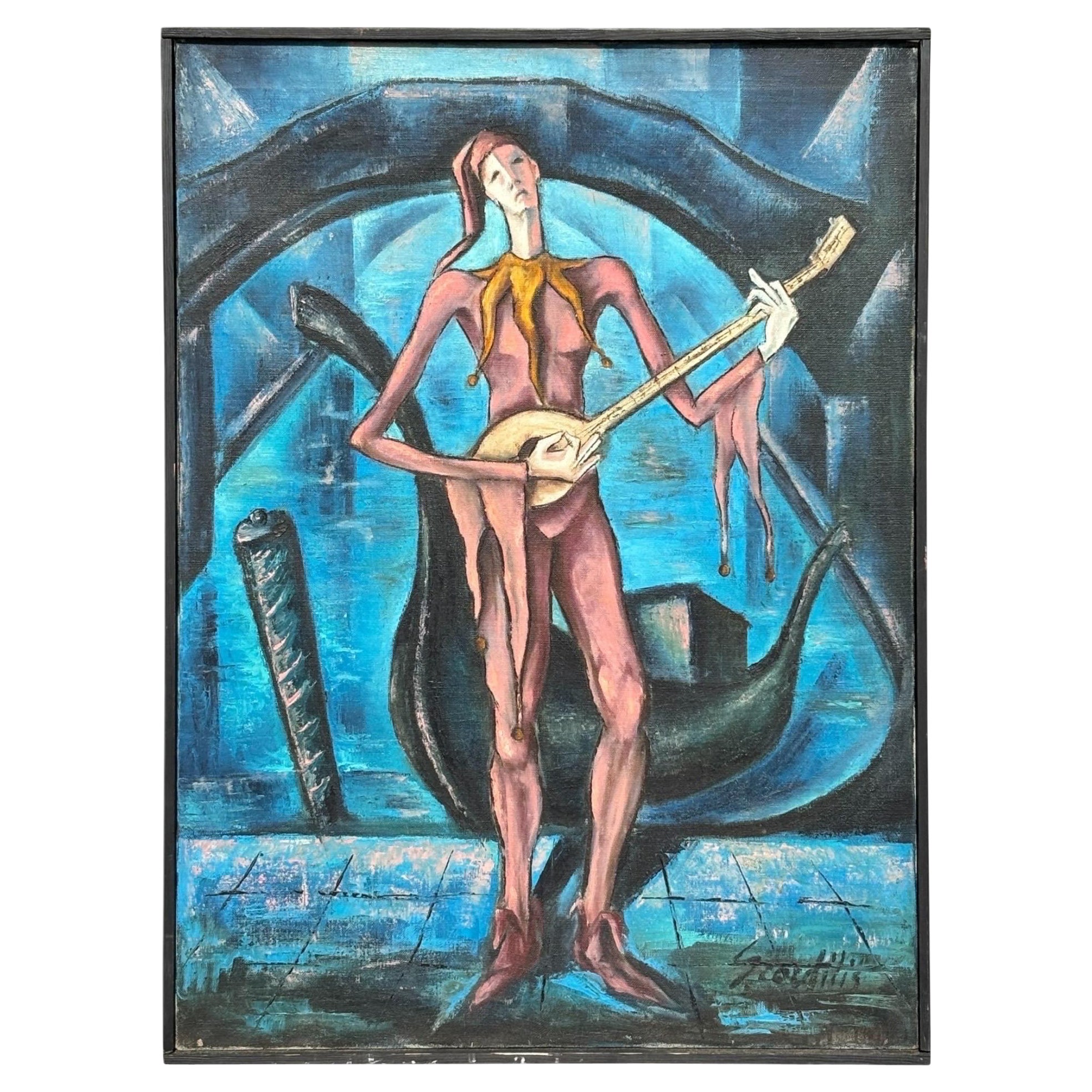 1960
s A.Scordilis Oil on Canvas Venetian Jester im Angebot