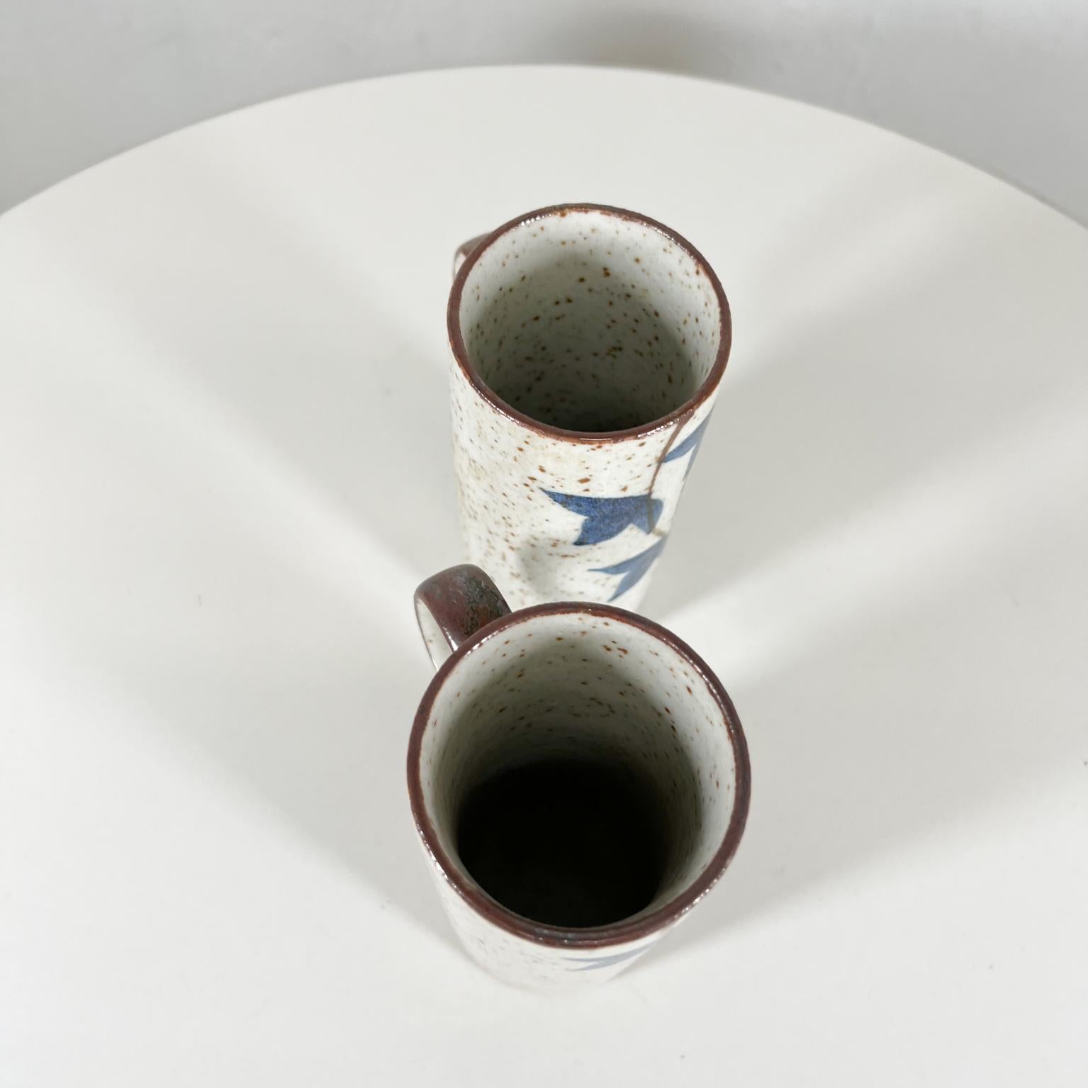 1960s Asian Blue MCM Organic Stoneware Pottery Coffee Mugs Hand Painted 2