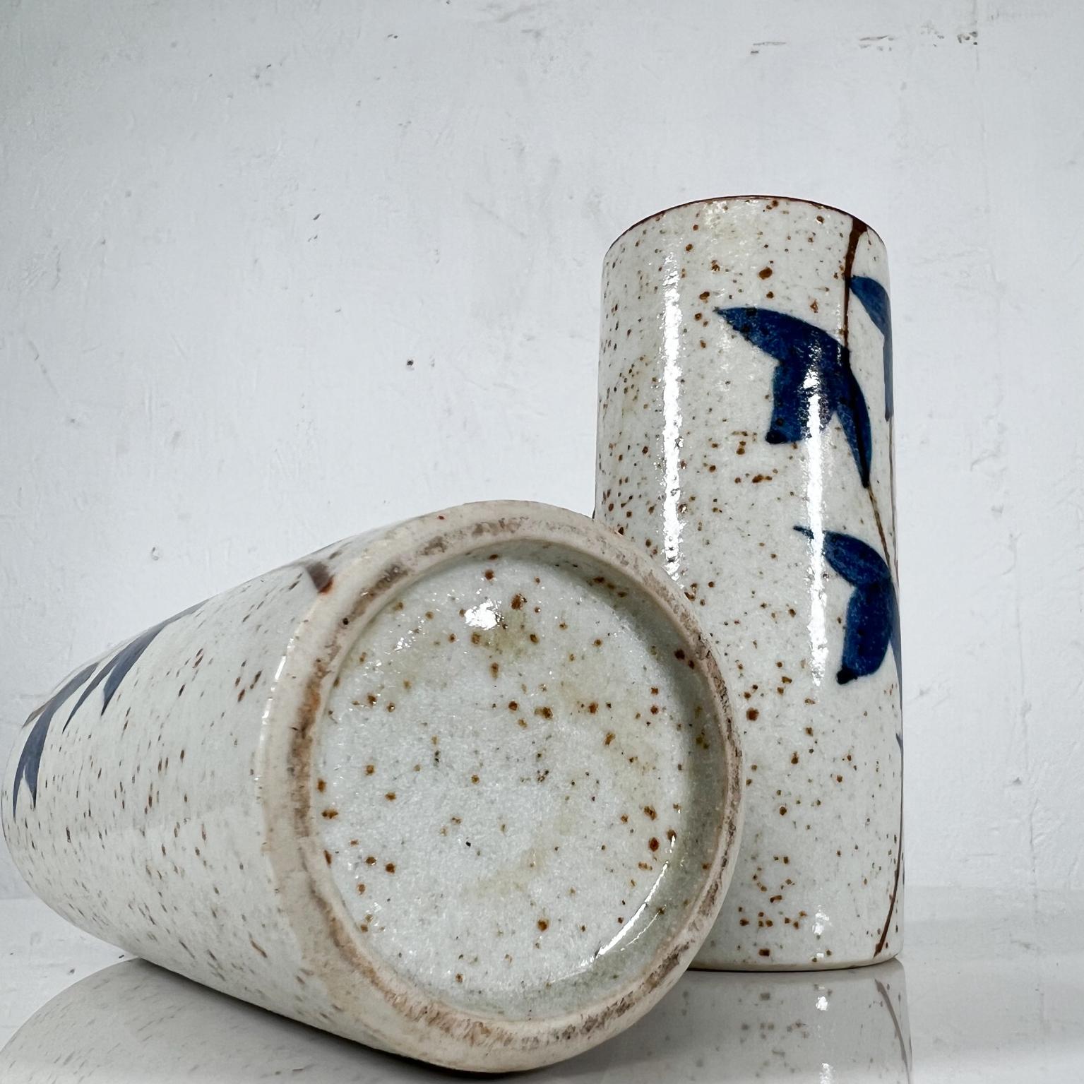 1960s Asian Blue MCM Organic Stoneware Pottery Coffee Mugs Hand Painted 3