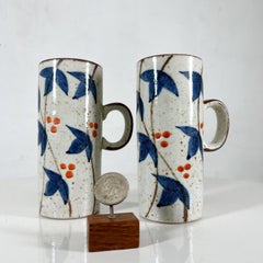 1960s Asian Blue MCM Organic Stoneware Pottery Coffee Mugs Hand Painted
