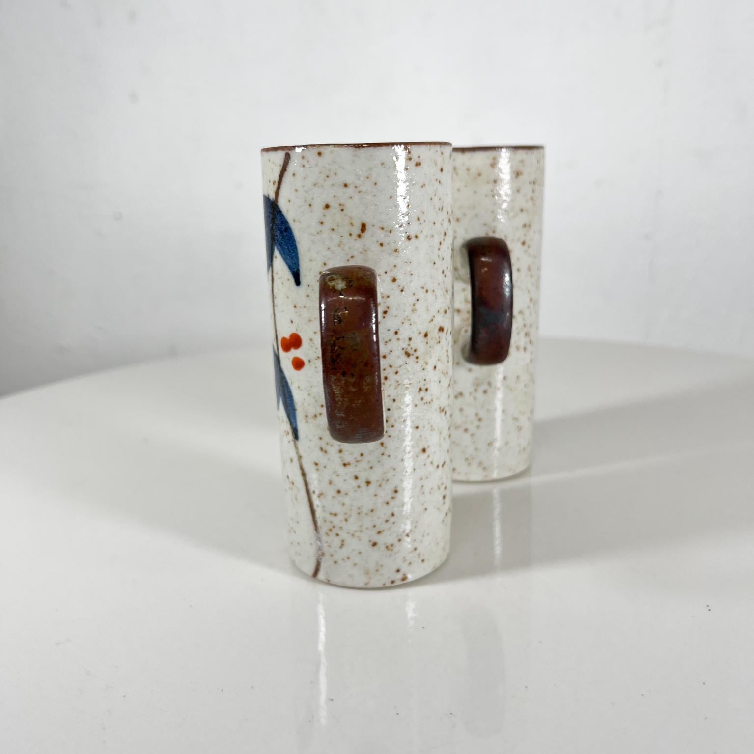 Mid-Century Modern 1960s Asian Blue MCM Organic Stoneware Pottery Coffee Mugs Hand Painted