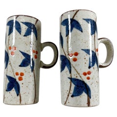 1960s Asian Blue MCM Organic Stoneware Pottery Coffee Mugs Hand Painted