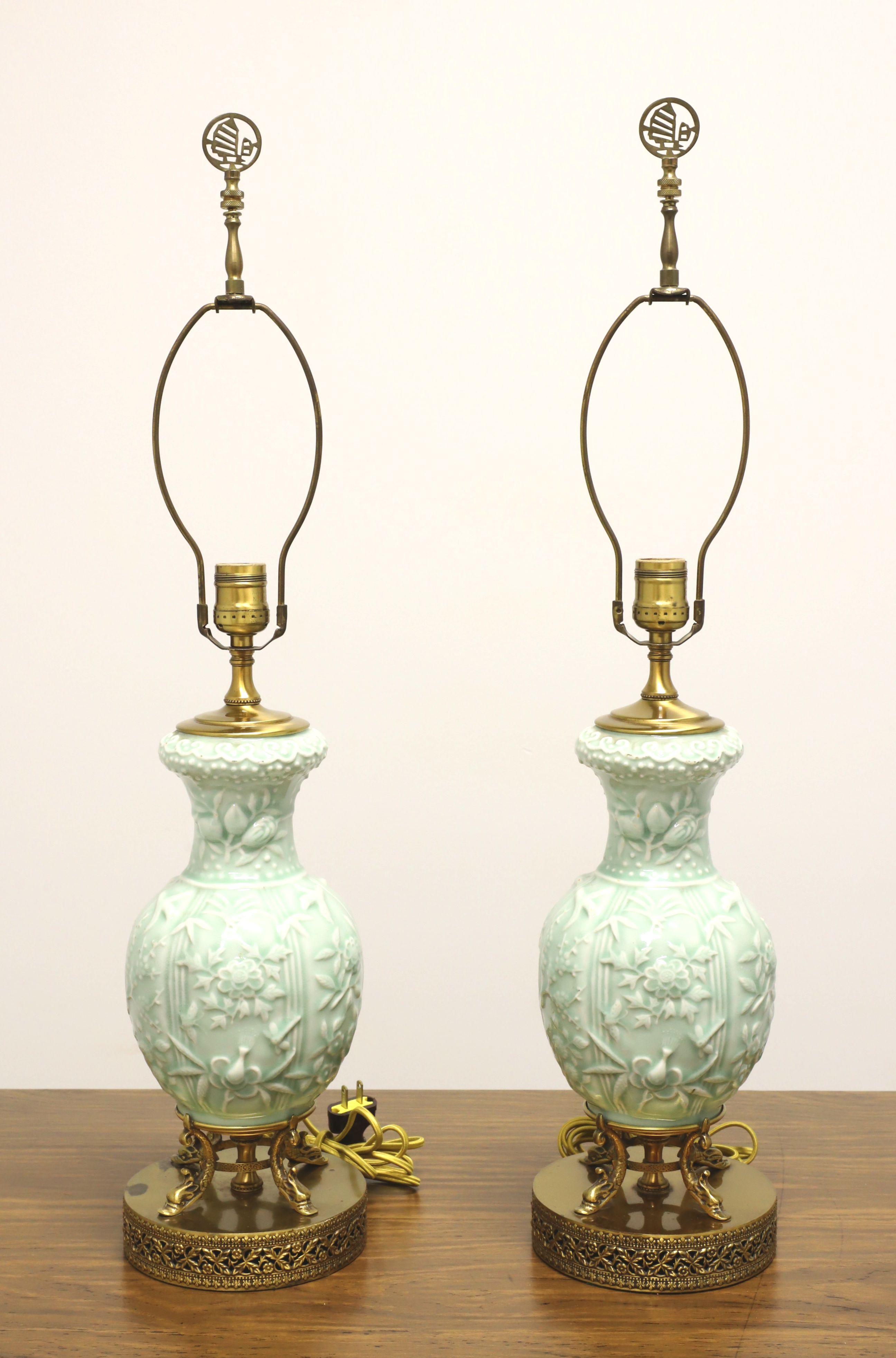 Mid 20th Century Foliate Celadon Table Lamps with Brass Dolphin Base - Pair For Sale 6