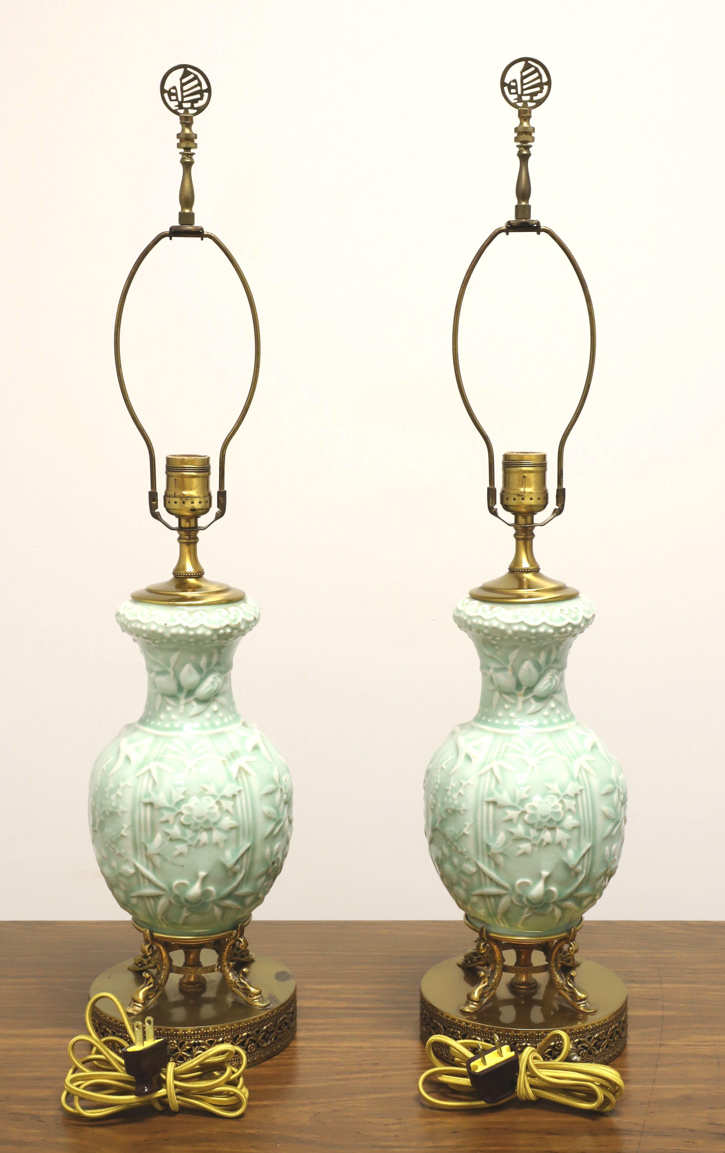 Chinoiserie Mid 20th Century Foliate Celadon Table Lamps with Brass Dolphin Base - Pair For Sale