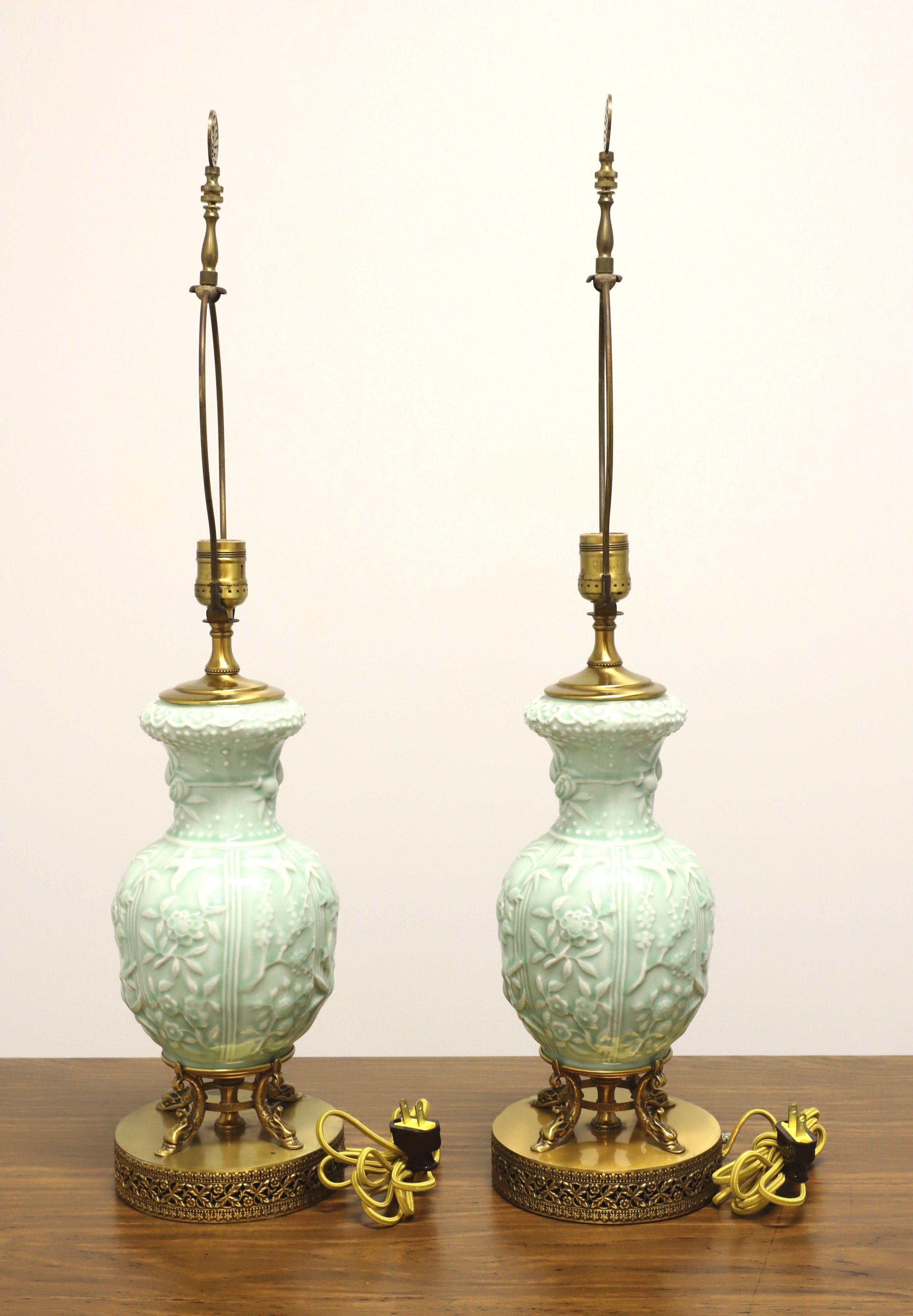American Mid 20th Century Foliate Celadon Table Lamps with Brass Dolphin Base - Pair For Sale