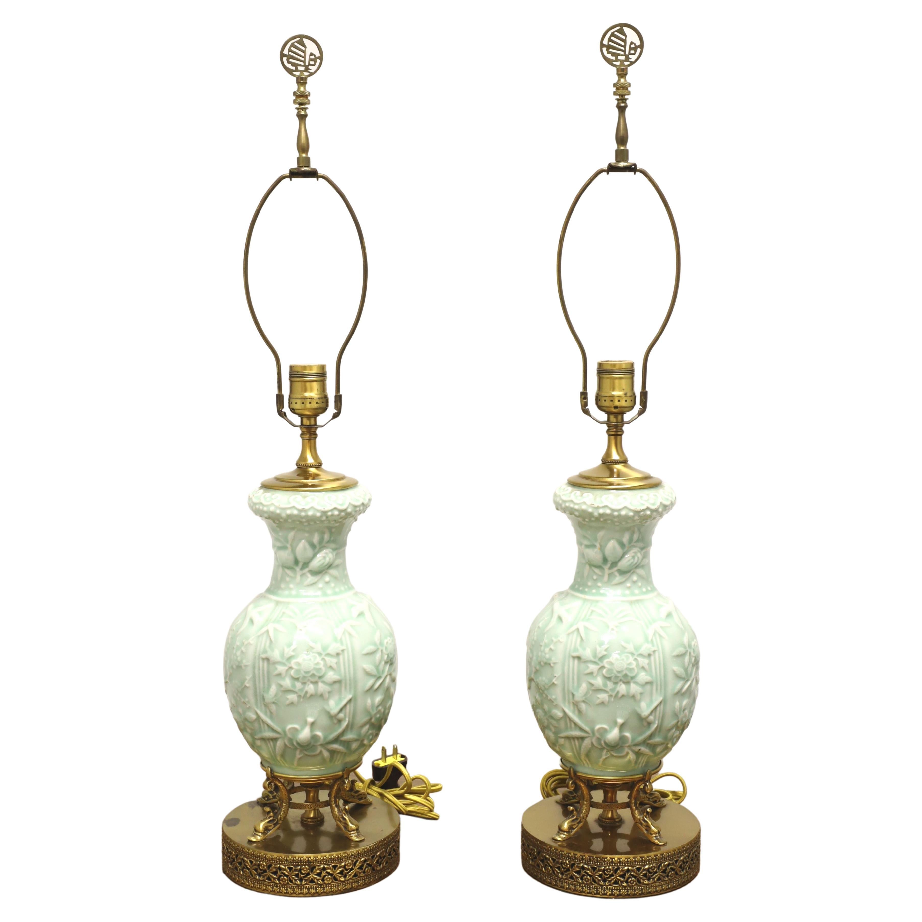 Mid 20th Century Foliate Celadon Table Lamps with Brass Dolphin Base - Pair For Sale