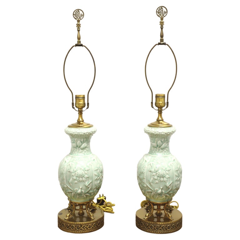 Mid 20th Century Foliate Celadon Table Lamps with Brass Dolphin Base