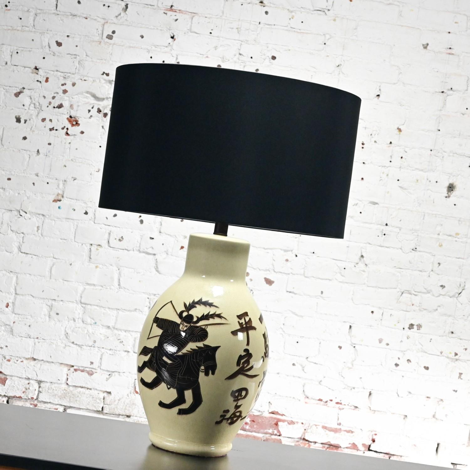 1960’s Asian Chinoiserie Style Large Scale Ceramic Table Lamp w/Painted Warrior For Sale 9