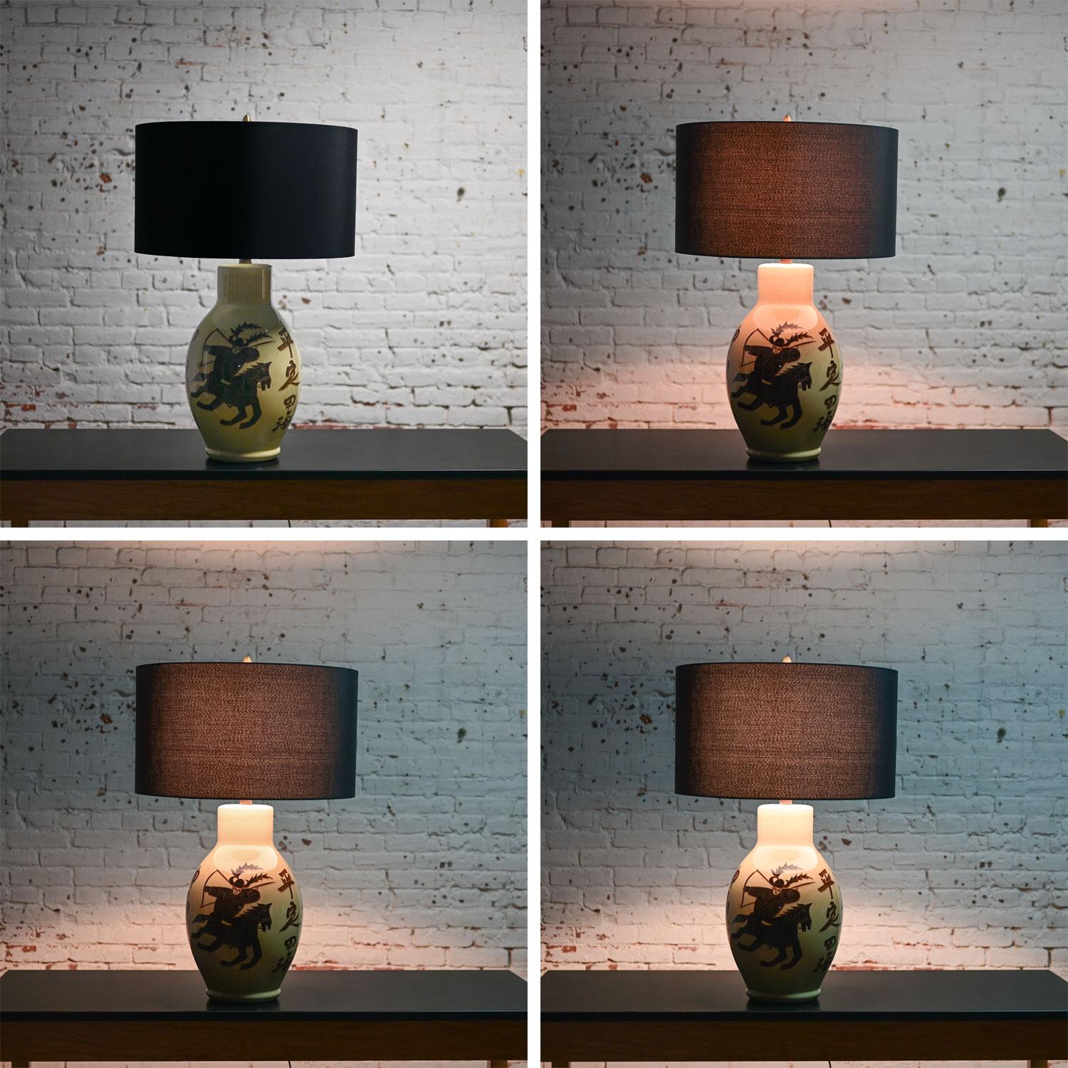1960’s Asian Chinoiserie Style Large Scale Ceramic Table Lamp w/Painted Warrior For Sale 11