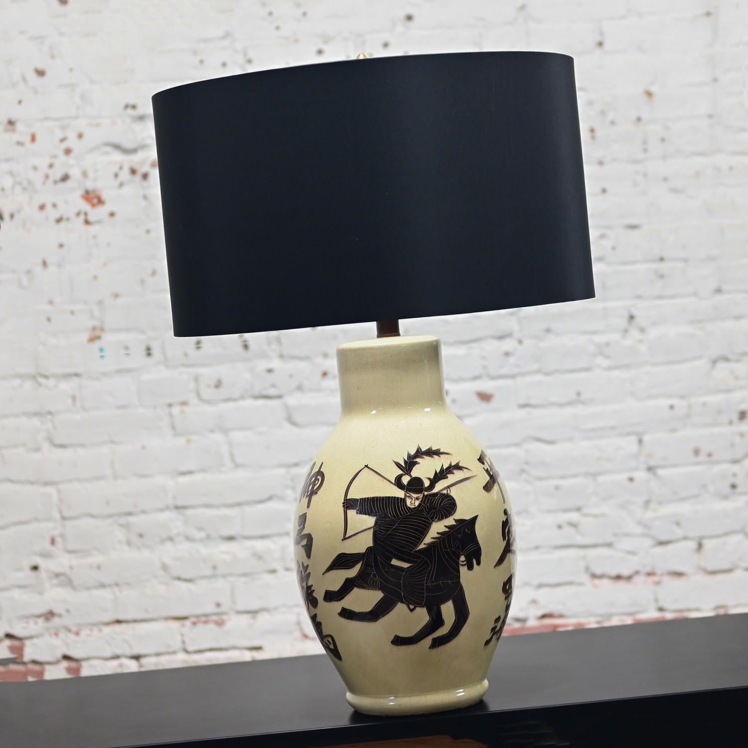 1960’s Asian Chinoiserie Style Large Scale Ceramic Table Lamp w/Painted Warrior For Sale 13
