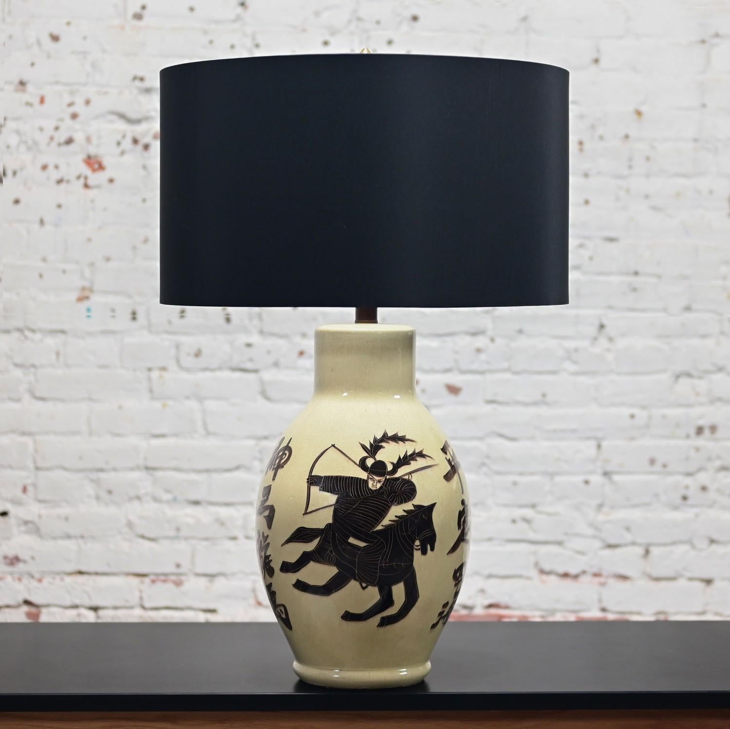 Unknown 1960’s Asian Chinoiserie Style Large Scale Ceramic Table Lamp w/Painted Warrior For Sale
