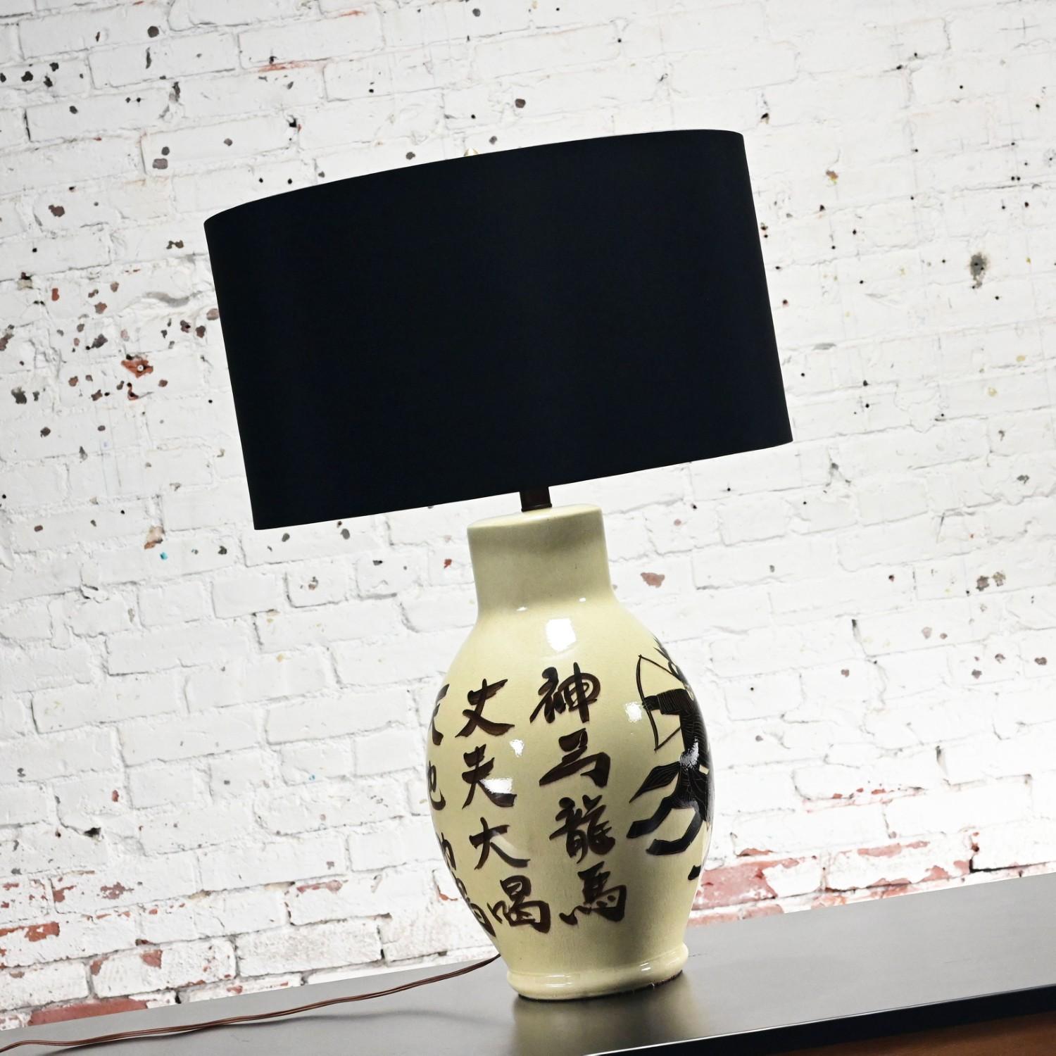 Brass 1960’s Asian Chinoiserie Style Large Scale Ceramic Table Lamp w/Painted Warrior For Sale