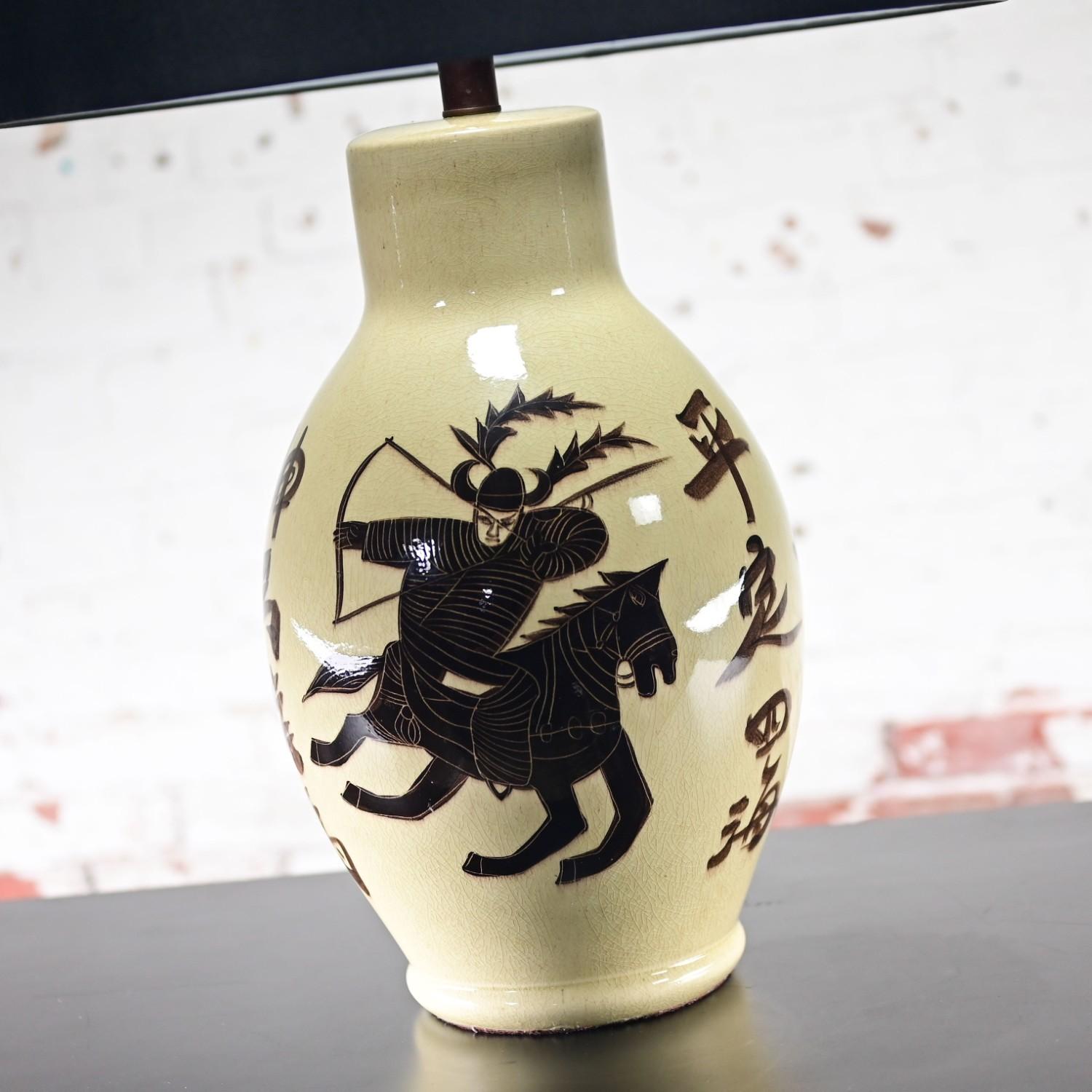 1960’s Asian Chinoiserie Style Large Scale Ceramic Table Lamp w/Painted Warrior For Sale 1