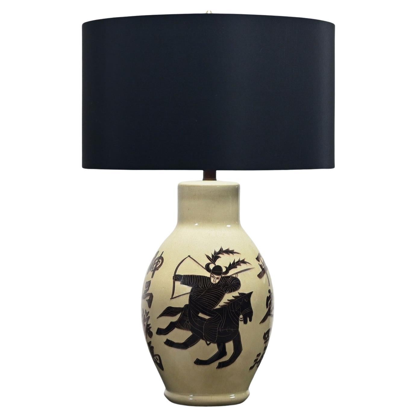 1960’s Asian Chinoiserie Style Large Scale Ceramic Table Lamp w/Painted Warrior