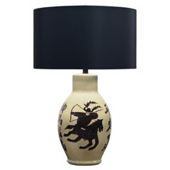 1960’s Asian Chinoiserie Style Large Scale Ceramic Table Lamp w/Painted Warrior