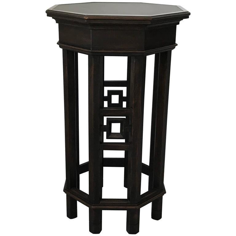 Chinoiserie Black Asian Fretwork Octagon Side Table or Plant Stand, 1960s