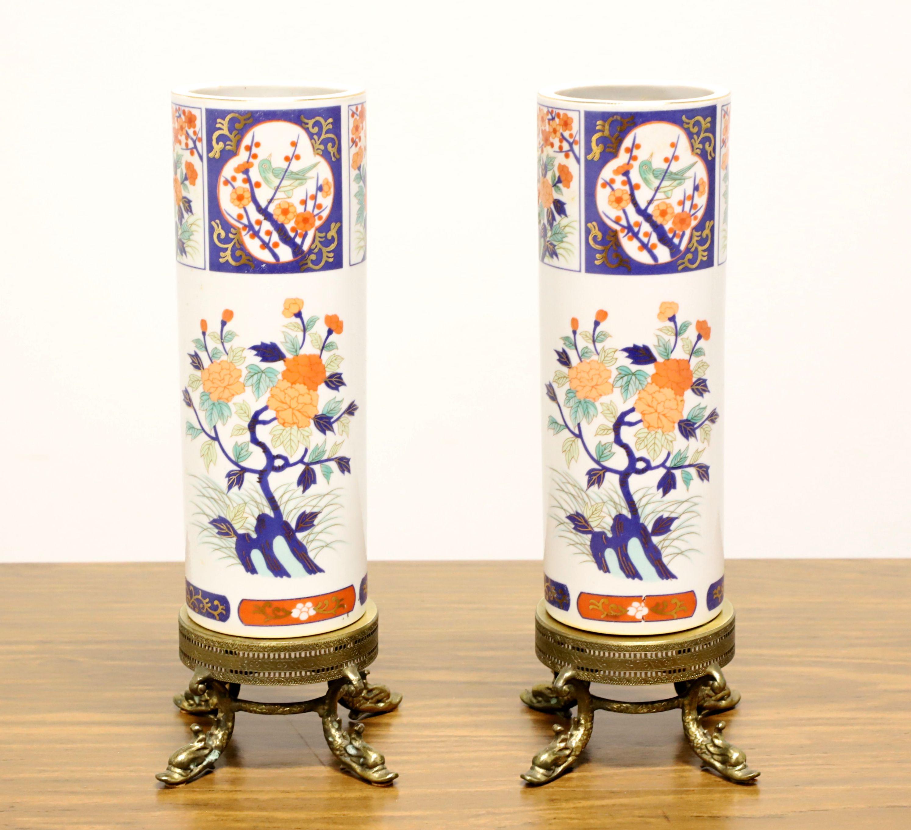 Chinoiserie 1960's Asian Inspired Cylindrical Vases on Brass Stands - Pair For Sale