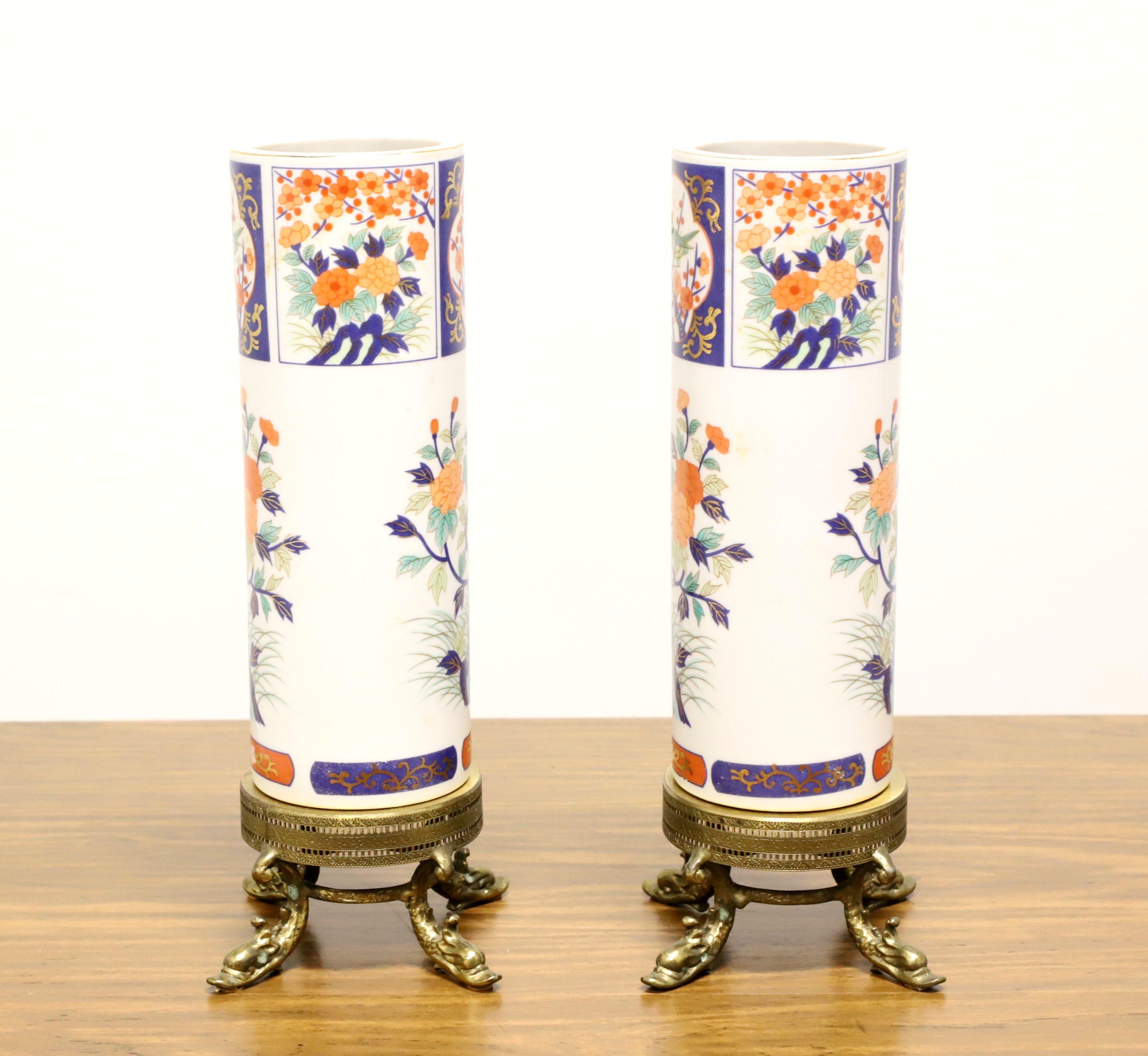 Hand-Painted 1960's Asian Inspired Cylindrical Vases on Brass Stands - Pair For Sale