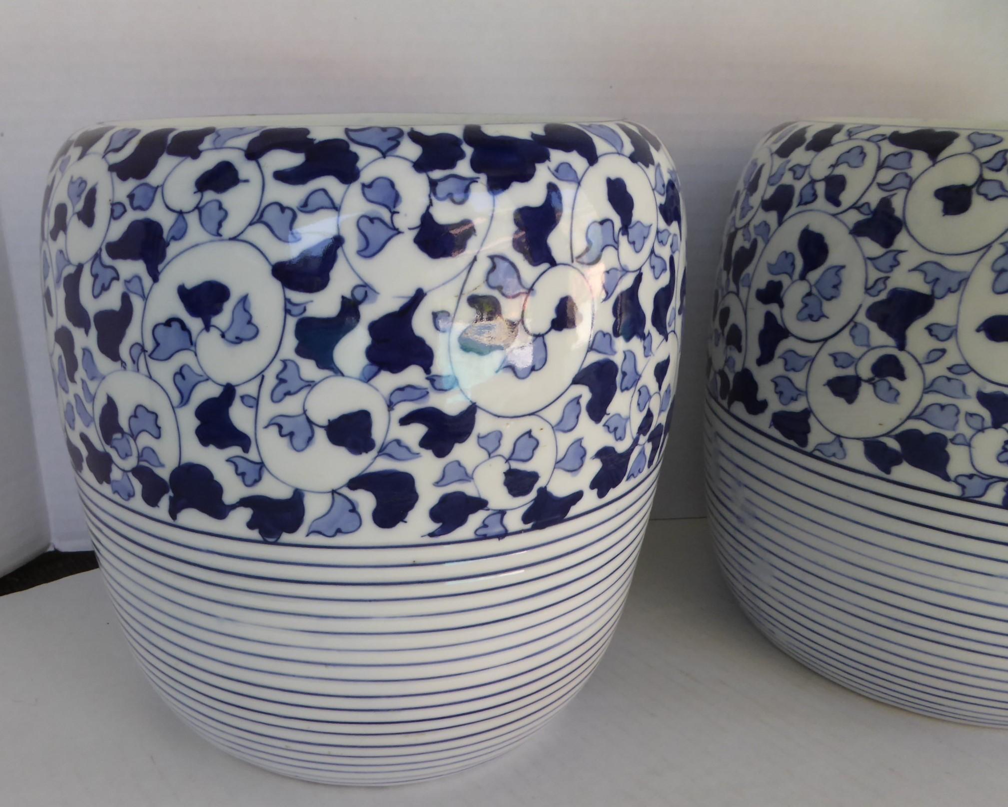 Organic Modern 1960s Asian Modern Pair of Blue & White Ceramic Hibachis Floral Motif, Japan