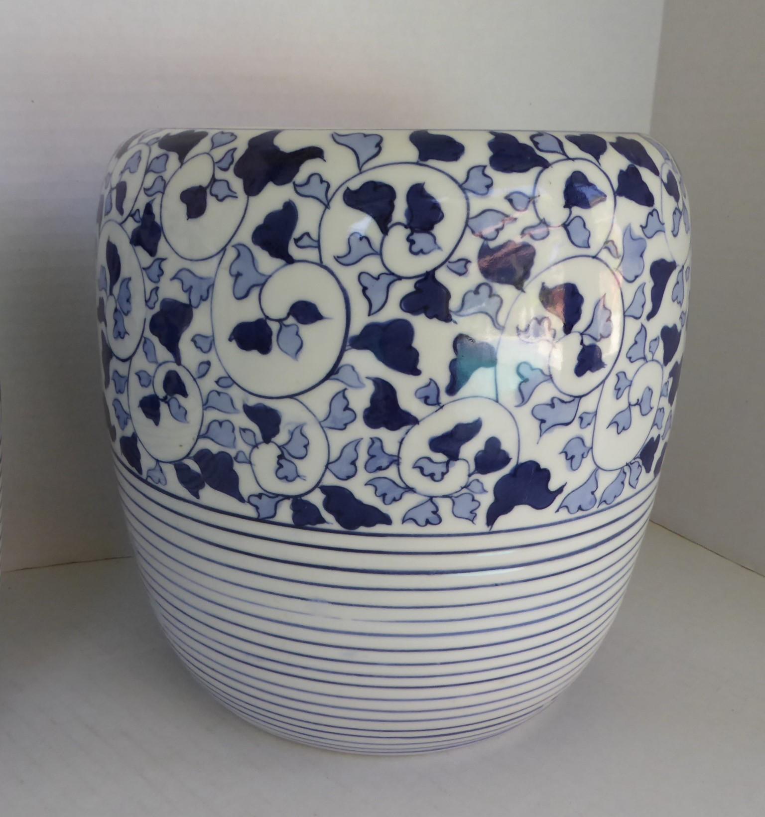 Japanese 1960s Asian Modern Pair of Blue & White Ceramic Hibachis Floral Motif, Japan