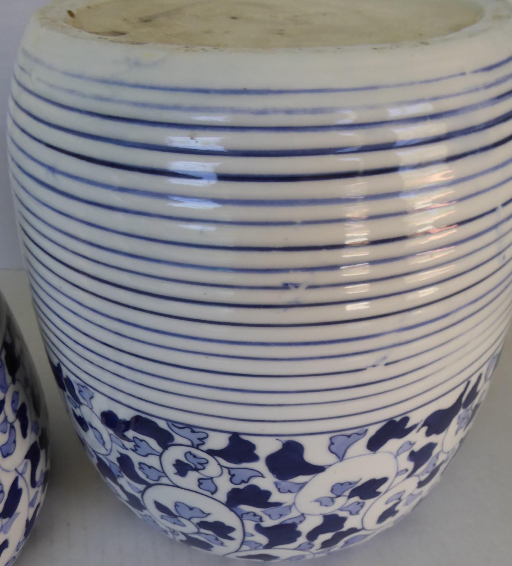 Mid-20th Century 1960s Asian Modern Pair of Blue & White Ceramic Hibachis Floral Motif, Japan