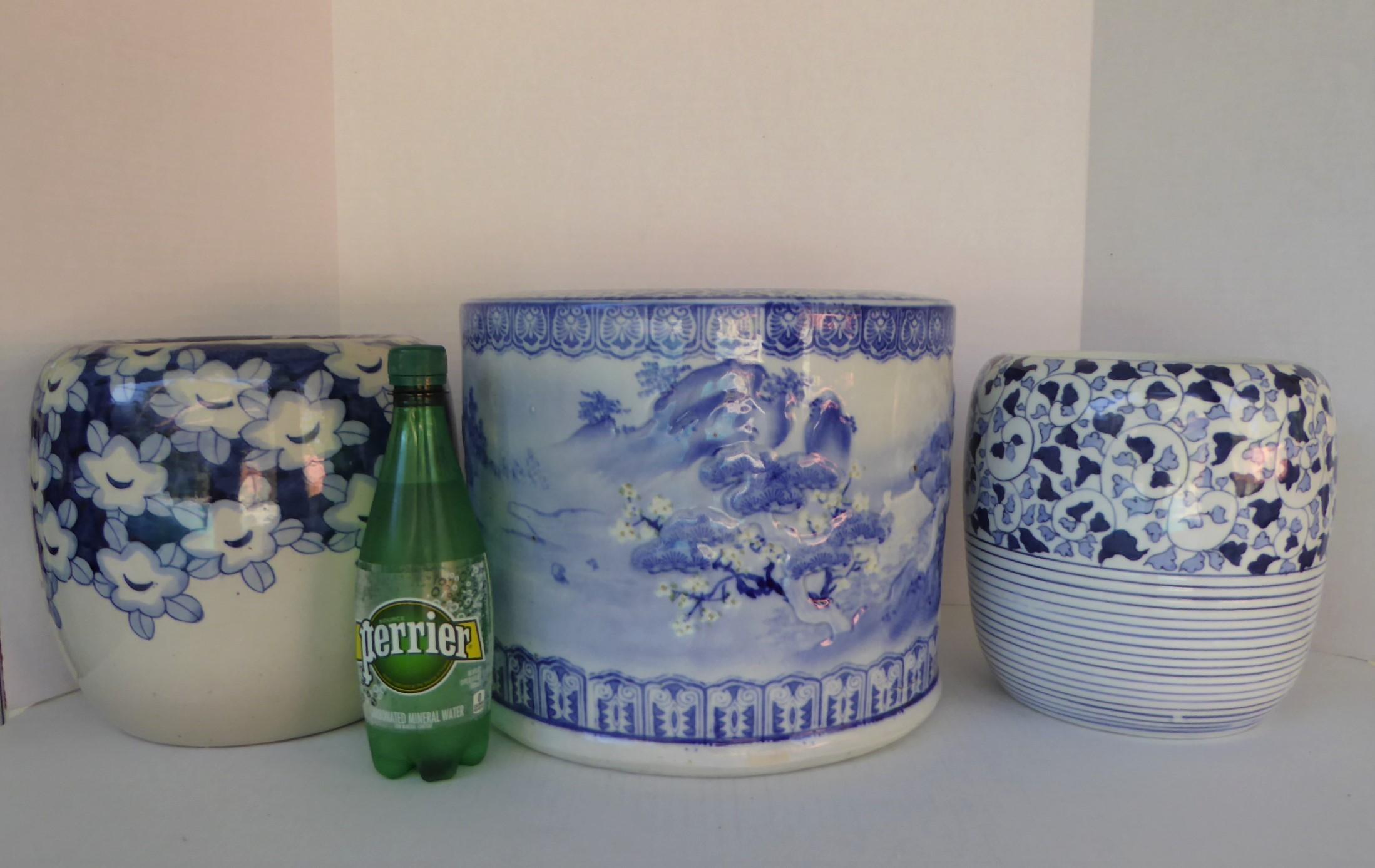 1960s Asian Modern Pair of Blue & White Ceramic Hibachis Floral Motif, Japan 1