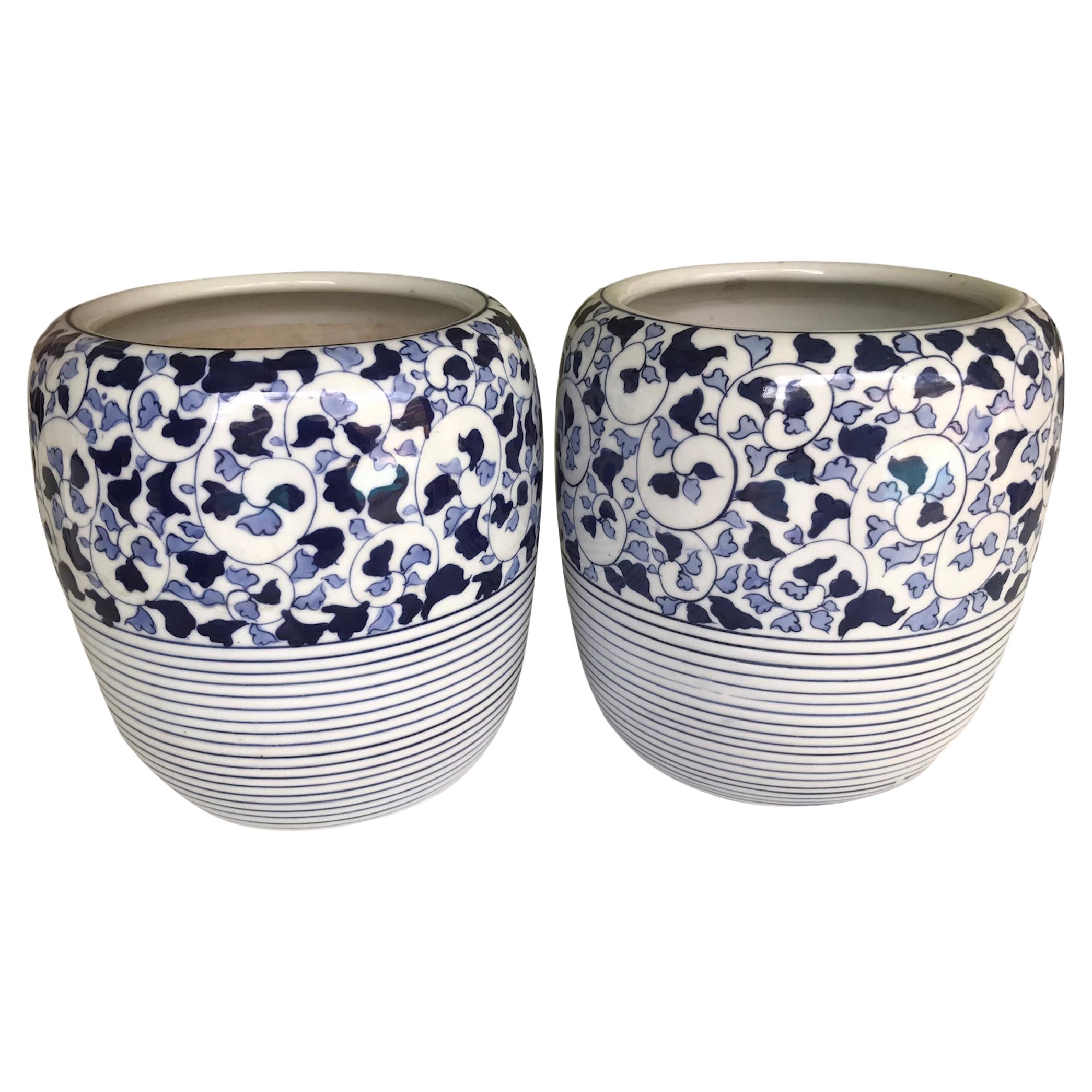 1960s Asian Modern Pair of Blue & White Ceramic Hibachis Floral Motif, Japan