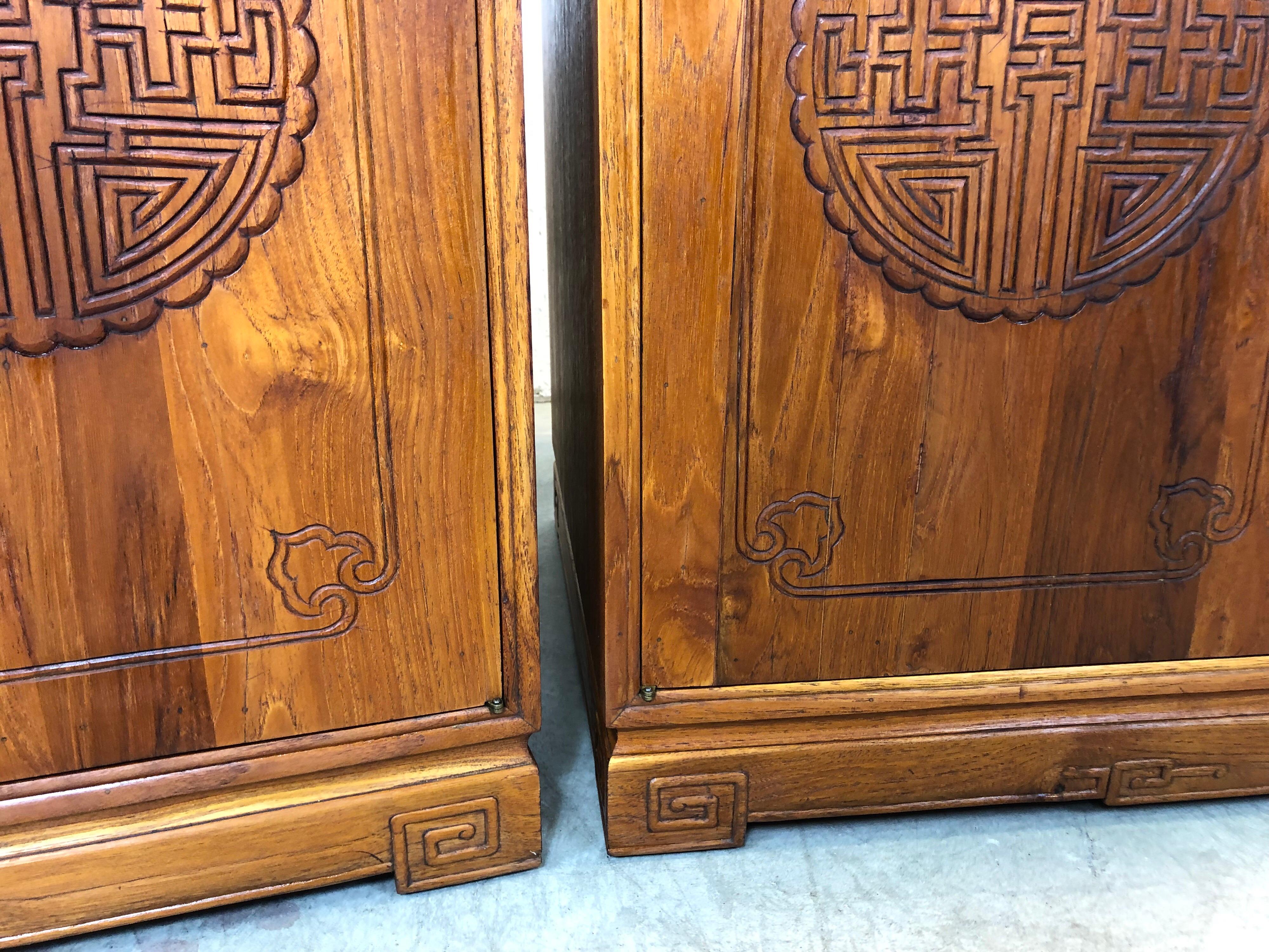 1960s Asian Teak Carved Front Side Tables, Pair For Sale 7