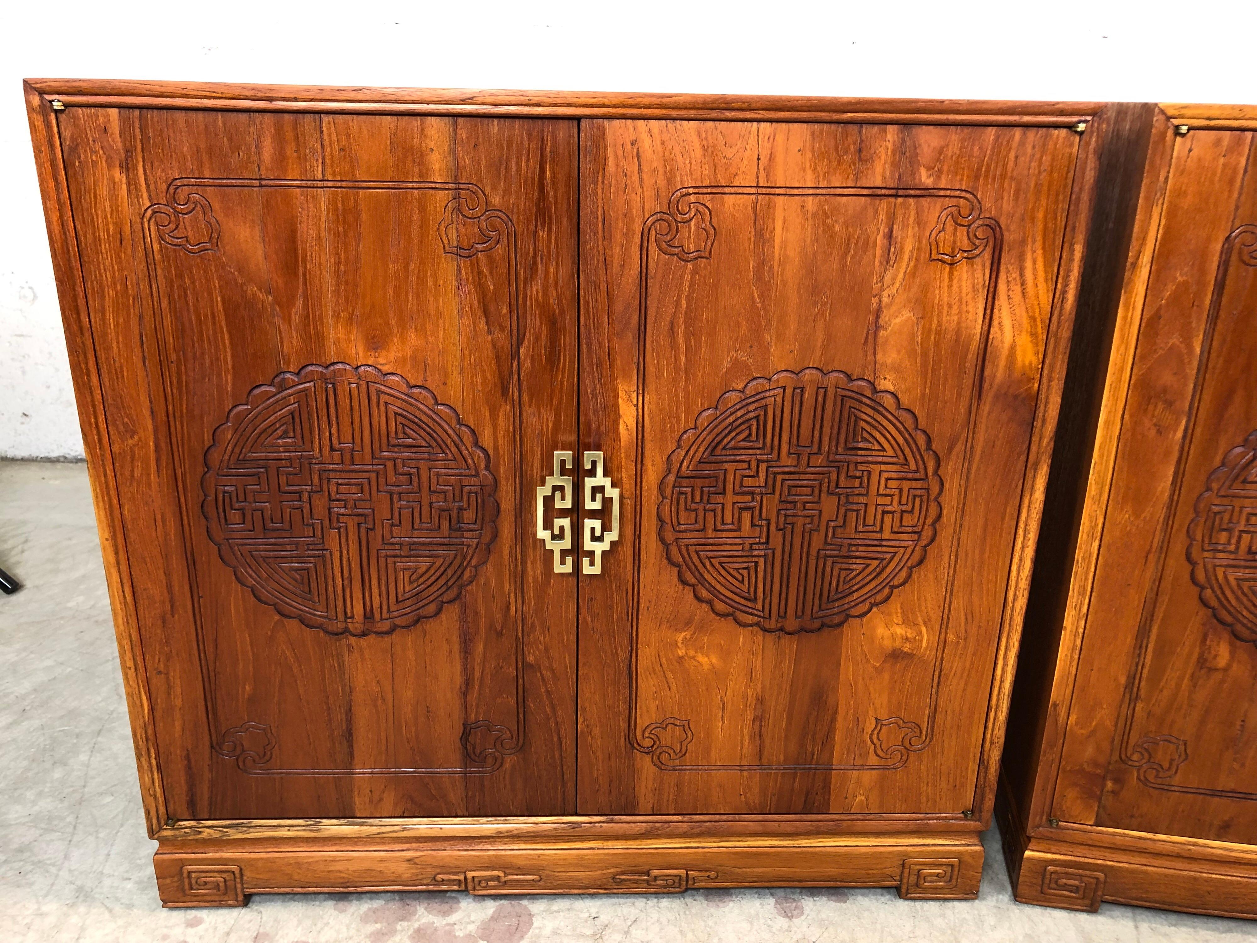 Mid-Century Modern 1960s Asian Teak Carved Front Side Tables, Pair For Sale