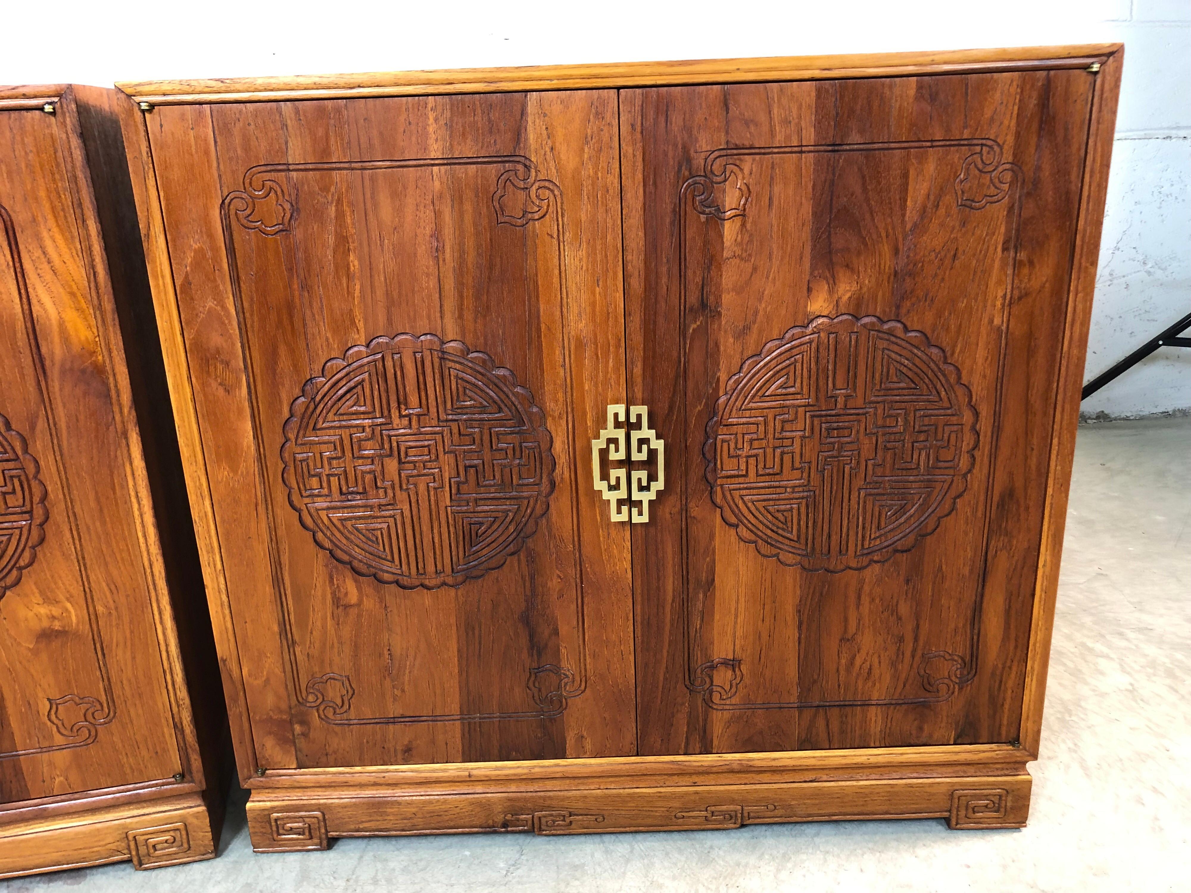 1960s Asian Teak Carved Front Side Tables, Pair In Good Condition For Sale In Amherst, NH