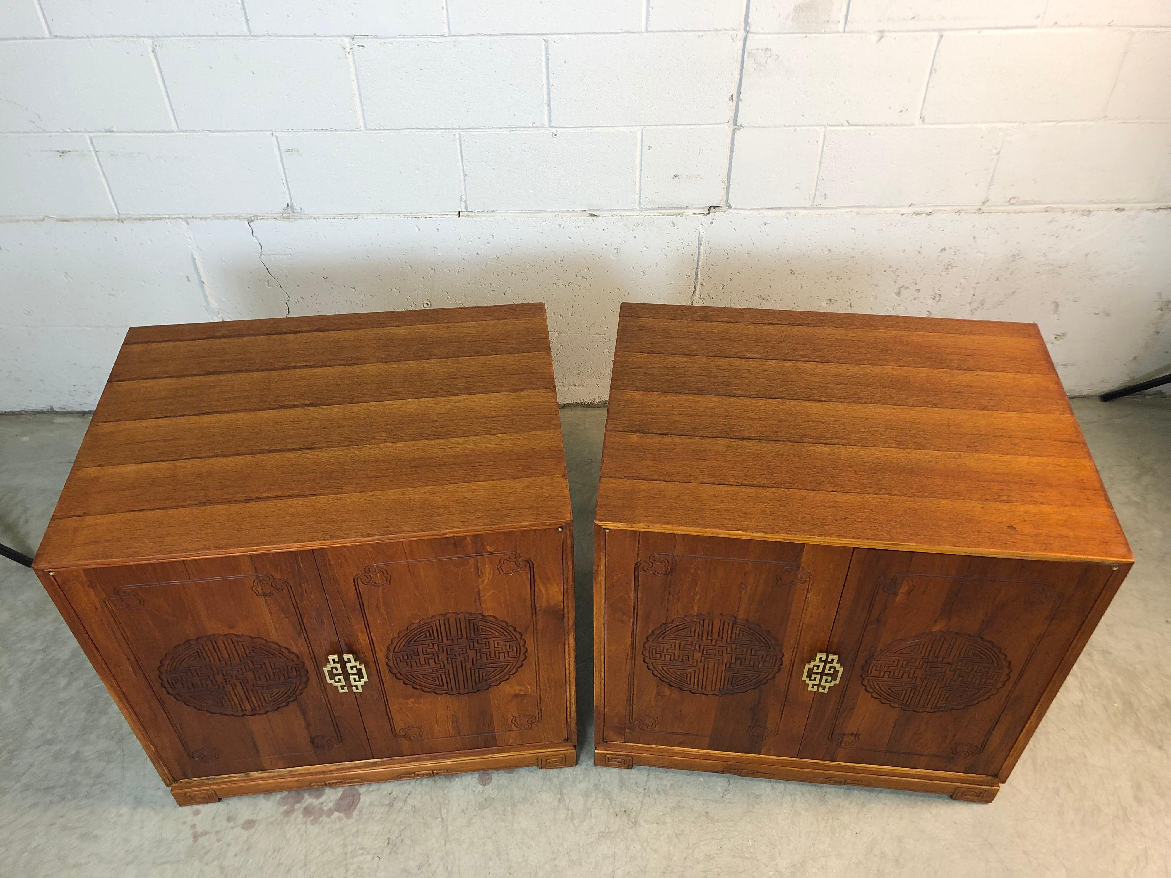 20th Century 1960s Asian Teak Carved Front Side Tables, Pair For Sale