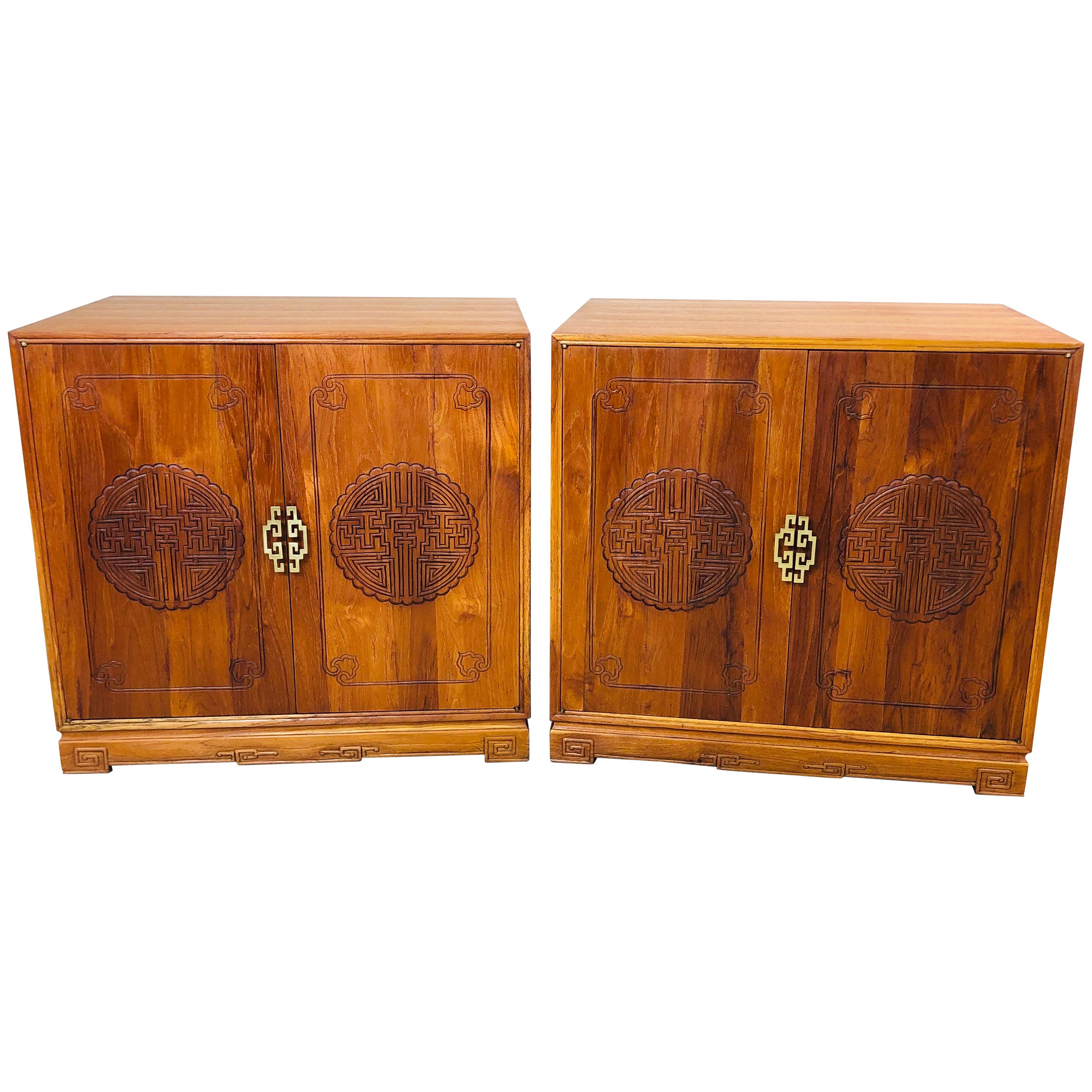 1960s Asian Teak Carved Front Side Tables, Pair For Sale
